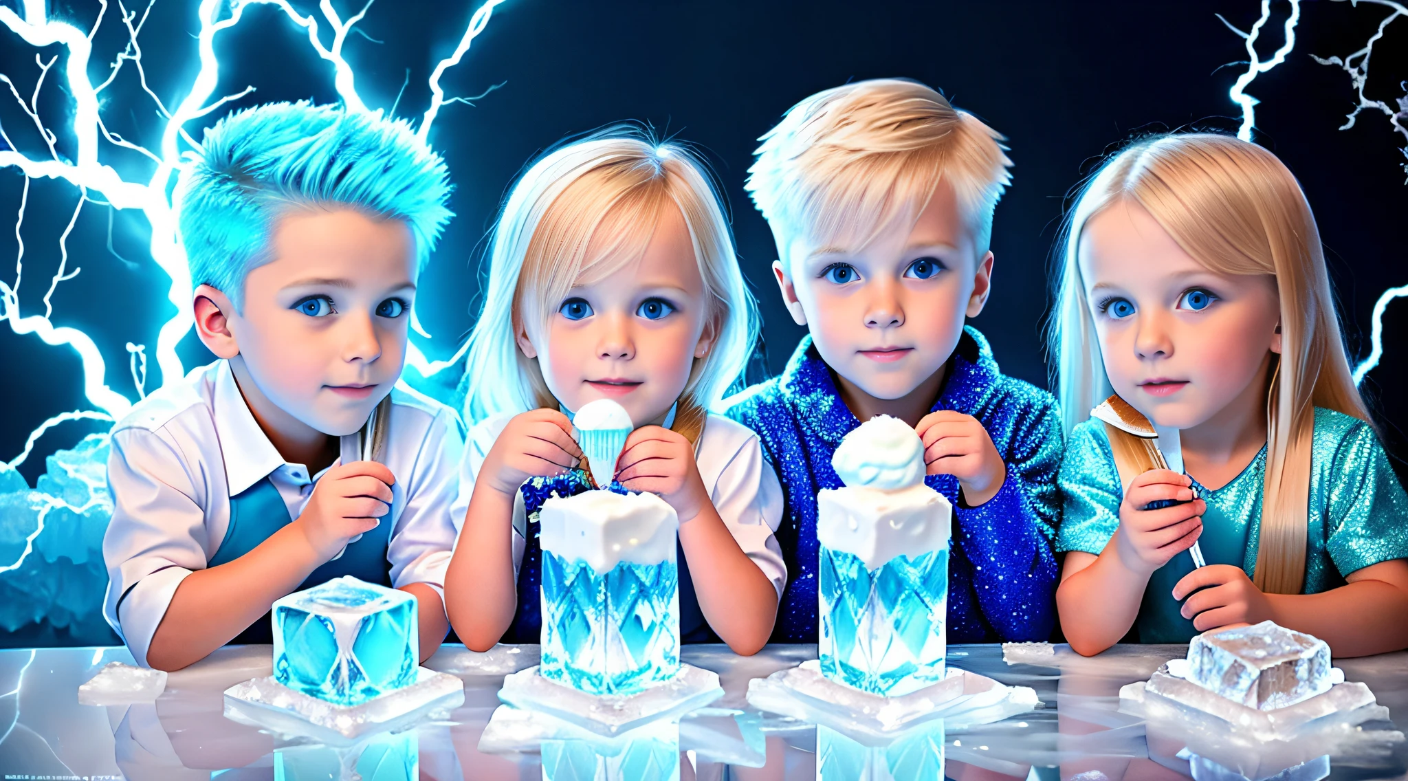 3 boys Russian  with 10 yearsONG STRAIGHT HAIR BLONDES, PORTRAIT STYLE, There are three ice cubes sitting on a table with a lightning bolt in the background, with ice powers, icy blue theme, ice cubes, blue ice, sparkling ice particles, ice magic, ice cubes around, ice cream, ice cream,  melted ice cube, made of ice, HD wallpaper, ice fragments, cold blue lighting