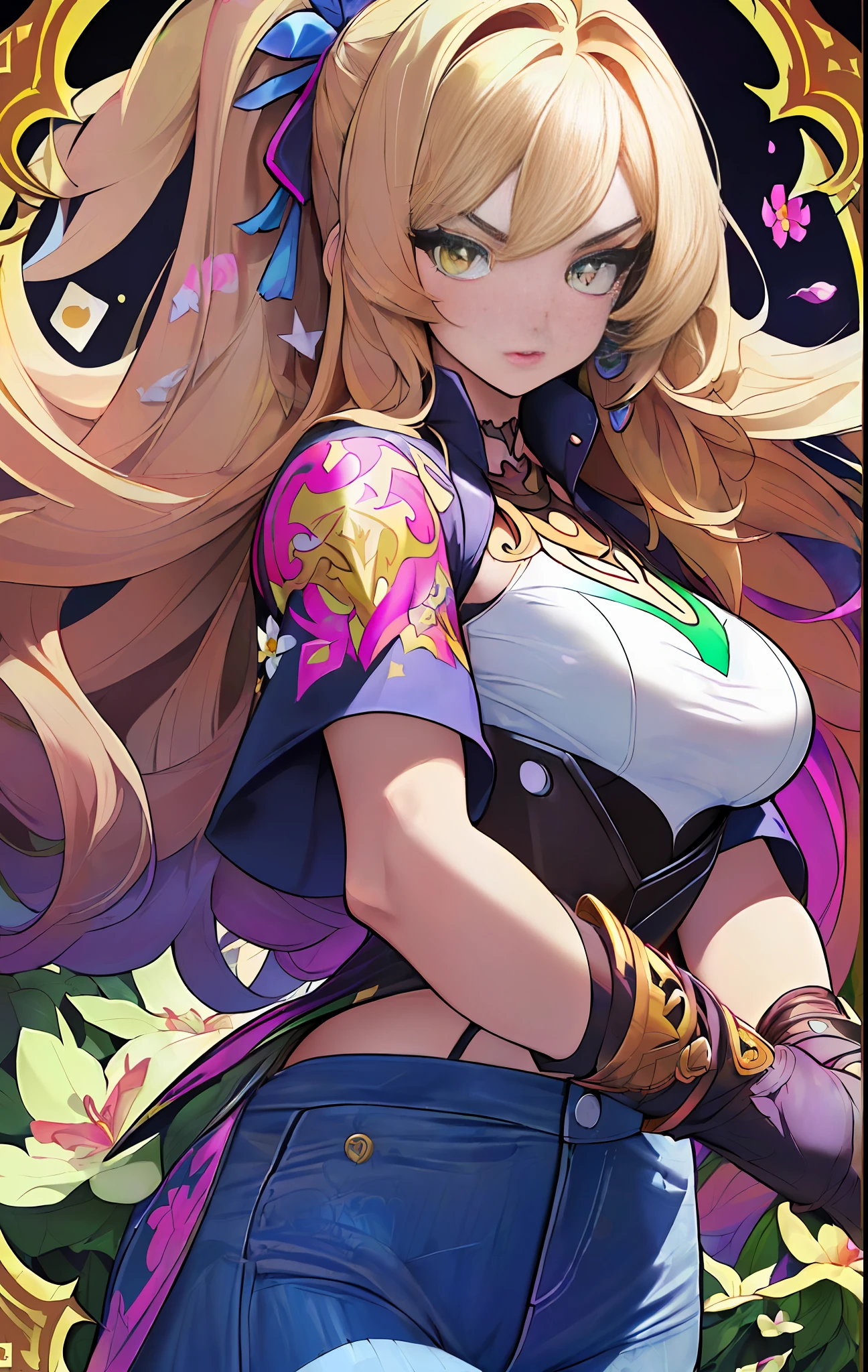 ((((spectacular))) ((heroic)) (((intense))),background, mixed-language_text, Japanese letters in graffit ,girls, excellent lighting, sidelighting, (), vhsKeeper,, style GUILTY GEAR -STRIVE perfect ultimate (flat color: 1.3), (magazine_cover: 1.4), (multicolored_background: 1.3), striped_background, card_background, :: comix style by joe madureira :: circular pieces of white metals glued to the arms coming out shimmering yellow glow,beautiful woman with ultra detailed long hair,  (beautiful and clear background: 1.2), fantastic paintings, graffiti style, flowers, highly detailed eyes, a T-shirt or dress with a white blouse underneath, with both fists in fighting position, and bracelets, fighting an enemy, with long black hair, stained glass windows, outside, vibrant, Alphonse Mucha style, fantastic paintings by Joe Madureira, high quality, art,  kelly brook beautiful woman with long blonde hair, freedom, soul, digital illustration, comic style, perfect anatomy, centered, approaching perfection, dynamic, highly detailed,background, mixed-language_text, Japanese letters in graffit, ashley alexiss beautiful woman, long black hair, excellent lighting, sidelighting, perfect ultimate (flat color pink bubblegum gradient: 1.3), (magazine_cover: 1.4), (multicolored_background: 1.3), striped_background,  card_background, :: discs with sharp and shiny blades in hand :: circular pieces of white metals glued to the ultra detailed arms coming out sparkling glow, black star design stamped in the middle of the t-shirt, perfect and detailed sculptural body, ultra detailed shirt with abstract design and with Japanese letter print in grafit of the sides of the clothing,  worn jeans, big breast, with immersive effects, hover effect, background graffiti style flowers with flowers and vibrant colors, "ultra" hdr detailed and with focus effect, (masterpiece: 1.2, best quality), (beautiful emerald yellow eyes with huge finely detailed eyelashes: 1.2), , (