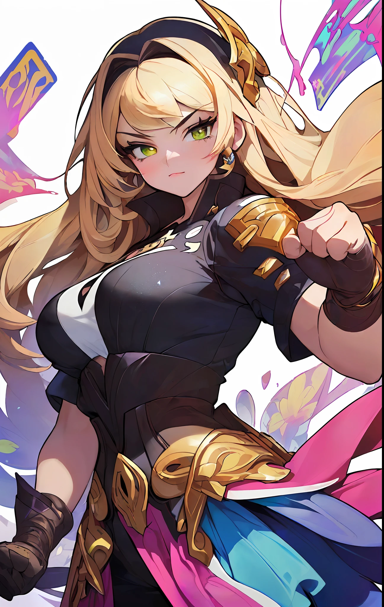 ((((spectacular))) ((heroic)) (((intense))),background, mixed-language_text, Japanese letters in graffit ,girls, excellent lighting, sidelighting, (), vhsKeeper,, style GUILTY GEAR -STRIVE perfect ultimate (flat color: 1.3), (magazine_cover: 1.4), (multicolored_background: 1.3), striped_background, card_background, :: comix style by joe madureira :: circular pieces of white metals glued to the arms coming out shimmering yellow glow,beautiful woman with ultra detailed long hair,  (beautiful and clear background: 1.2), fantastic paintings, graffiti style, flowers, highly detailed eyes, a T-shirt or dress with a white blouse underneath, with both fists in fighting position, and bracelets, fighting an enemy, with long black hair, stained glass windows, outside, vibrant, Alphonse Mucha style, fantastic paintings by Joe Madureira, high quality, art,  kelly brook beautiful woman with long blonde hair, freedom, soul, digital illustration, comic style, perfect anatomy, centered, approaching perfection, dynamic, highly detailed,background, mixed-language_text, Japanese letters in graffit, ashley alexiss beautiful woman, long black hair, excellent lighting, sidelighting, perfect ultimate (flat color pink bubblegum gradient: 1.3), (magazine_cover: 1.4), (multicolored_background: 1.3), striped_background,  card_background, :: discs with sharp and shiny blades in hand :: circular pieces of white metals glued to the ultra detailed arms coming out sparkling glow, black star design stamped in the middle of the t-shirt, perfect and detailed sculptural body, ultra detailed shirt with abstract design and with Japanese letter print in grafit of the sides of the clothing,  worn jeans, big breast, with immersive effects, hover effect, background graffiti style flowers with flowers and vibrant colors, "ultra" hdr detailed and with focus effect, (masterpiece: 1.2, best quality), (beautiful emerald yellow eyes with huge finely detailed eyelashes: 1.2), , (