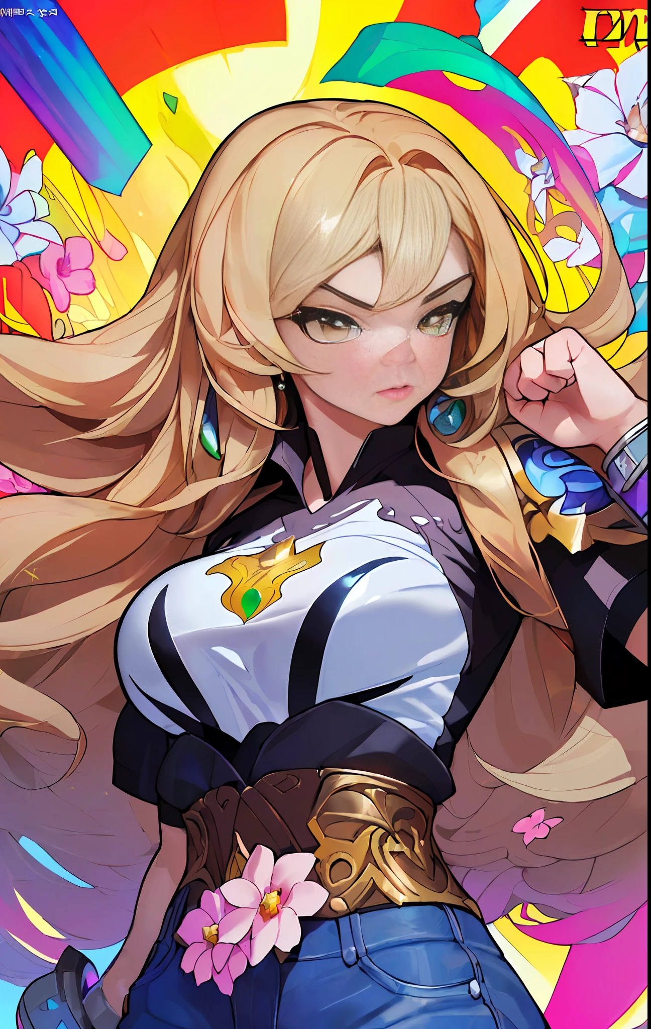 ((((spectacular))) ((heroic)) (((intense))),background, mixed-language_text, Japanese letters in graffit ,girls, excellent lighting, sidelighting, (), vhsKeeper,, style GUILTY GEAR -STRIVE perfect ultimate (flat color: 1.3), (magazine_cover: 1.4), (multicolored_background: 1.3), striped_background, card_background, :: comix style by joe madureira :: circular pieces of white metals glued to the arms coming out shimmering yellow glow,beautiful woman with ultra detailed long hair, (beautiful and clear background: 1.2), fantastic paintings, graffiti style, flowers, highly detailed eyes, a T-shirt or dress with a white blouse underneath, with both fists in fighting position, and bracelets, fighting an enemy, with long black hair, stained glass windows, outside, vibrant, Alphonse Mucha style, fantastic paintings by Joe Madureira, high quality, art, kelly brook beautiful woman with long blonde hair, freedom, soul, digital illustration, comic style, perfect anatomy, centered, approaching perfection, dynamic, highly detailed,background, mixed-language_text, Japanese letters in graffit, ashley alexiss beautiful woman, long black hair, excellent lighting, sidelighting, perfect ultimate (flat color pink bubblegum gradient: 1.3), (magazine_cover: 1.4), (multicolored_background: 1.3), striped_background, card_background, :: discs with sharp and shiny blades in hand :: circular pieces of white metals glued to the ultra detailed arms coming out sparkling glow, black star design stamped in the middle of the t-shirt, perfect and detailed sculptural body, ultra detailed shirt with abstract design and with Japanese letter print in grafit of the sides of the clothing, worn jeans, big breast, with immersive effects, hover effect, background graffiti style flowers with flowers and vibrant colors, "ultra" hdr detailed and with focus effect, (masterpiece: 1.2, best quality), (beautiful emerald yellow eyes with huge finely detailed eyelashes: 1.2), , (