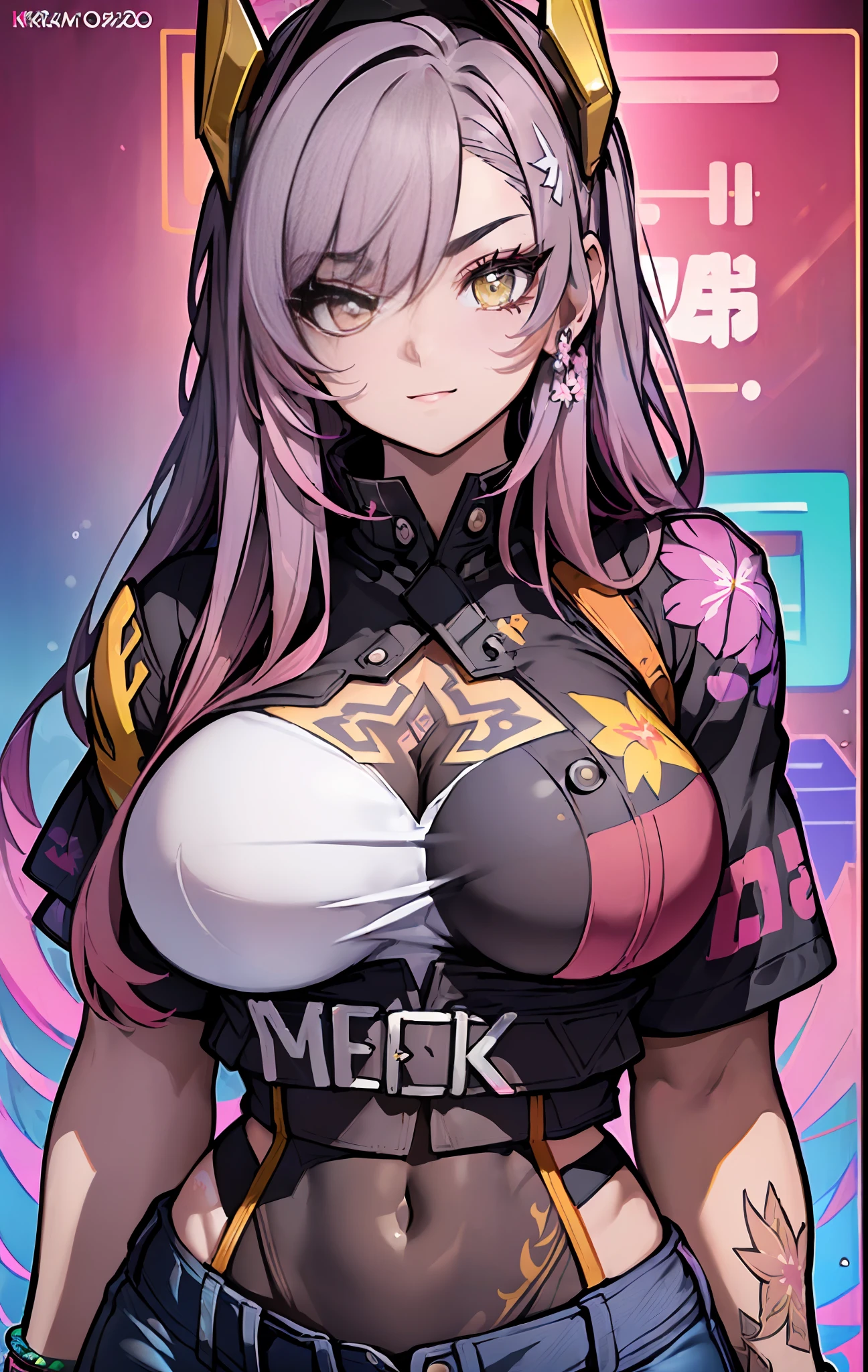 ((((espetacular))) ((heroico)) (((intenso))),background, misto-language_text, letras japonesas em graffit ,garotas, excelente iluminação, sidelighting, (), vhsKeeper,, estilo GUILTY GEAR -STRIVE perfeito ultimate (cor plana: 1.3), (magazine_cover: 1.4), (multicolored_background: 1.3), striped_background, card_background, :: estilo comix por joe madureira :: peças circulares de metais brancas coladas nos braços saindo brilho amarelo cintilante,mulher bonita com cabelo longo ultra detalhado, (fundo bonito e claro: 1.2), pinturas fantásticas, estilo graffit, flores, olhos altamente detalhados, uma camiseta ou vestido com uma blusa branca por baixo, background, mixed-language_text, Japanese letters in graffit, ashley alexiss beautiful woman, long black hair, excellent lighting, sidelighting, perfect ultimate (flat color pink bubblegum gradient: 1.3), (magazine_cover: 1.4), (multicolored_background: 1.3), striped_background, card_background, :: discs with sharp and shiny blades in hand :: circular pieces of white metals glued to the ultra detailed arms coming out sparkling glow, black star design stamped in the middle of the t-shirt, perfect and detailed sculptural body, ultra detailed shirt with abstract design and with Japanese letter print in grafit of the sides of the clothing, worn jeans, big breast, with immersive effects, hover effect, background graffiti style flowers with flowers and vibrant colors, "ultra" hdr detailed and with focus effect, (masterpiece: 1.2, best quality), (beautiful emerald yellow eyes with huge finely detailed eyelashes: 1.2), , ((Solo)), (Finely detailed eyes and detailed face:1.3),beautiful ultra-detailed eyes, lineart light smile, graffiti and tattoo style backdrop, woman, alone. midriff, skintight bodysuit with detailed tattoo-style print, ultra-detailed red gradient leather jacket, hot thighs, black skintight pants with ultra-detailed white and pink detailing, large breasts, ultra-detailed bracelets on arms, , bracelet on right arm wi