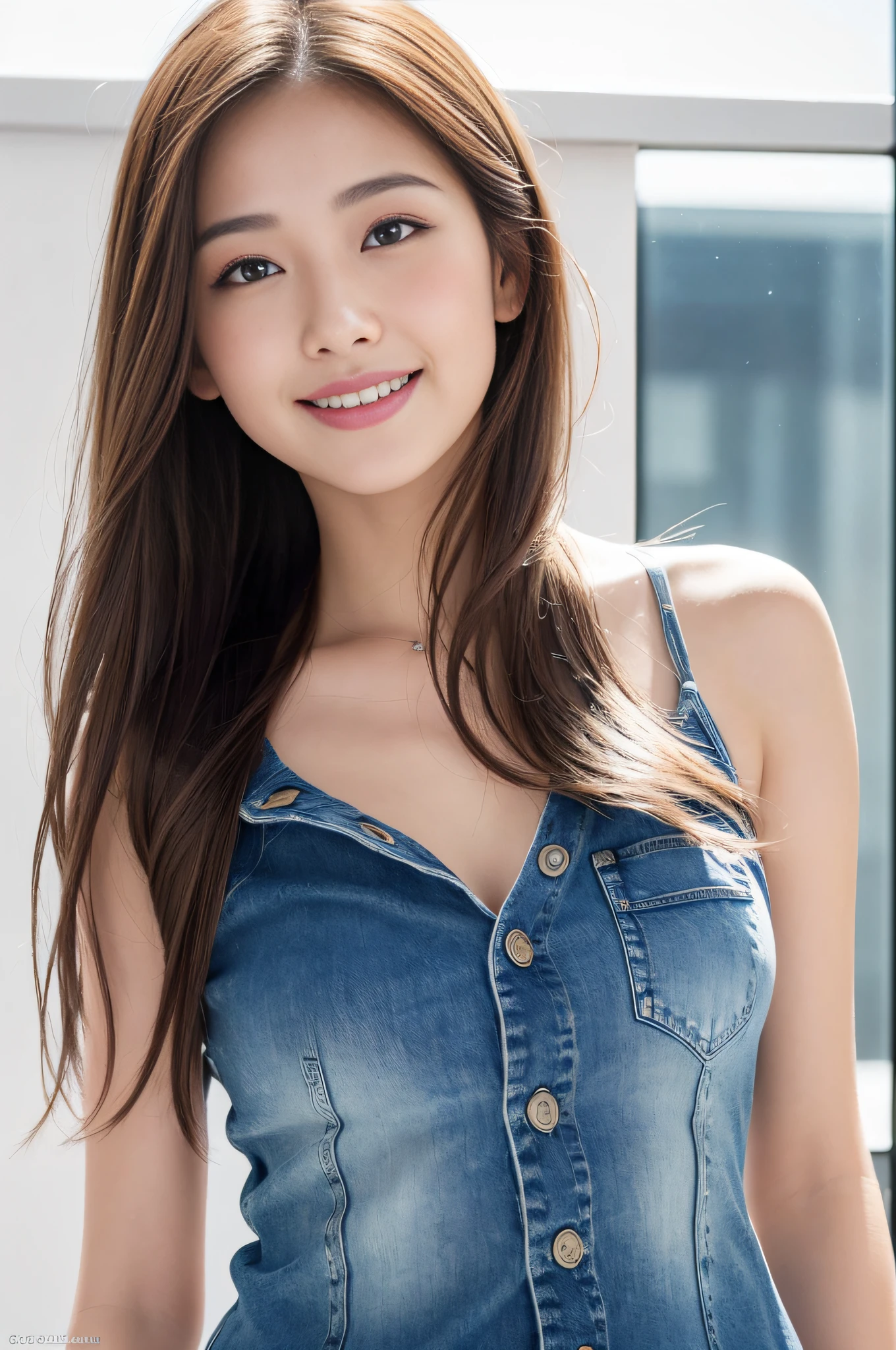(8k, Best Quality, Masterpiece:1.2), (Realistic, Photorealistic:1.37), Ultra Detailed, 1 Girl,Cute,Solo,Beautiful Detailed Sky,Date,(Blush),(Smile:1.15),(Closed Mouth)Small breasts,Beautiful detailed eyes,(Long hair: 1.2),Floating hair NovaFrogStyle, Tank top, Denim jeans, Standing, Full body,