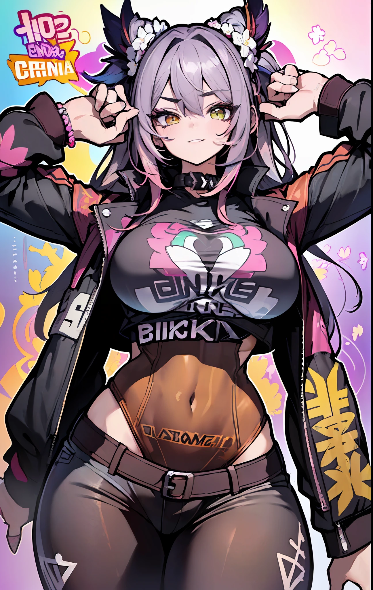 ((((espetacular))) ((heroico)) (((intenso))),background, misto-language_text, letras japonesas em graffit ,garotas, excelente iluminação, sidelighting, (), vhsKeeper,, estilo GUILTY GEAR -STRIVE perfeito ultimate (cor plana: 1.3), (magazine_cover: 1.4), (multicolored_background: 1.3), striped_background, card_background, :: estilo comix por joe madureira :: peças circulares de metais brancas coladas nos braços saindo brilho amarelo cintilante,mulher bonita com cabelo longo ultra detalhado,  (fundo bonito e claro: 1.2), pinturas fantásticas, estilo graffit, flores, olhos altamente detalhados, uma camiseta ou vestido com uma blusa branca por baixo, background, mixed-language_text, Japanese letters in graffit, ashley alexiss beautiful woman, long black hair, excellent lighting, sidelighting, perfect ultimate (flat color pink bubblegum gradient: 1.3), (magazine_cover: 1.4), (multicolored_background: 1.3), striped_background, card_background, :: discs with sharp and shiny blades in hand :: circular pieces of white metals glued to the ultra detailed arms coming out sparkling glow, black star design stamped in the middle of the t-shirt, perfect and detailed sculptural body, ultra detailed shirt with abstract design and with Japanese letter print in grafit of the sides of the clothing, worn jeans, big ??????, with immersive effects, hover effect, background graffiti style flowers with flowers and vibrant colors, "ultra" hdr detailed and with focus effect, (masterpiece: 1.2, best quality), (beautiful emerald yellow eyes with huge finely detailed eyelashes: 1.2), , ((Solo)), (Finely detailed eyes and detailed face:1.3),beautiful ultra-detailed eyes, lineart light smile, graffiti and tattoo style backdrop, woman, alone. midriff, skintight ???????? with detailed tattoo-style print, ultra-detailed red gradient leather jacket, hot thighs, black skintight pants with ultra-detailed white and pink detailing, ?????????????, ultra-detailed bracelets on arms, , bracelet on right arm wi