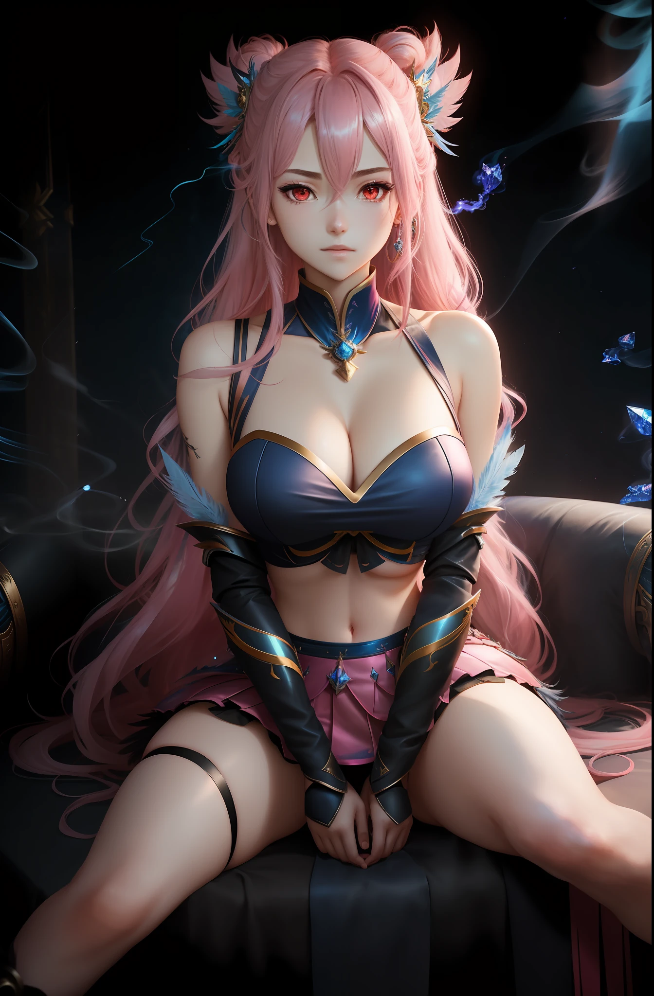 Masterpiece, top quality, pink hair, blue lightning, realistic, realistic details, details. Blue clothes. Blue thunder. Blue crystal. Airborne particles. Blue smoke. Cross-legged. Agra. Cross-legged. Cross-legged sitting.
1 girl, beauty, seductive face,, fine skin, anicos_inori,, long hair, navel, parted sleeves, bare shoulders, middle opening, cleavage, middle chest, hair clip with long feathers, hair ornament, red eyes, thigh height,look at viewer,isekai,mini skirt、darkness ochi。