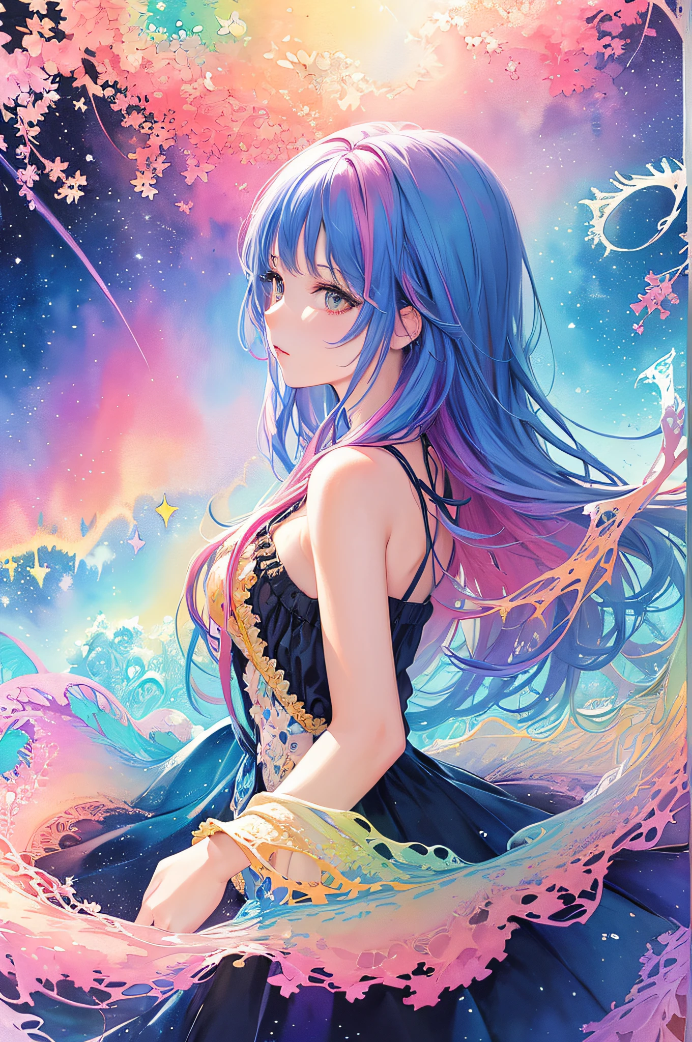 (masterpiece, top quality, best quality,watercolor (medium),official art, beautiful and aesthetic:1.2),(1girl:1.3), (fractal art:1.3),upper body, from side, looking at viewer,patterns,(rainbow color Hair,colorful hair,half blue and half pink hair:1.2),water,liquid, cloud,colorful, starry,stars,