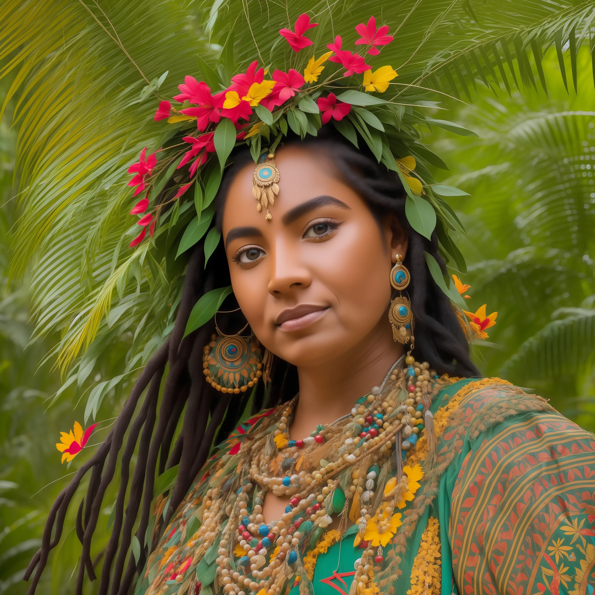 Imagine a lush, tropical landscape where the forest stretches as far as the eye can see. In this enchanting environment, the sacred figure of Cabloca Mariana, an entity of Afro-Brazilian culture, reveals itself in all its strength and ancestral wisdom.
In the painting, highlight the majestic presence of Cabloca Mariana in the foreground. She is portrayed as an indigenous woman, with golden skin and striking features. She is dressed in traditional costumes, adorned with feathers, seeds and colorful fabrics, which underscore her connection to nature and spirituality.
Around Cabloca Mariana, represent elements of the rainforest. Tall, leafy trees can rise in the background, creating a lush backdrop. Colorful birds and butterflies can fly around you, symbolizing the harmony and freedom of nature. Medicinal plants and sacred herbs may be present, highlighting the ancestral knowledge and healing associated with Cabloca Mariana.
On Cabloca Mariana's face, pick up a serene and wise expression. His eyes convey a deep connection to the earth and his lips suggest a welcoming smile. Subtle details on your skin can evoke an inner luminosity, symbolizing your divine and spiritual nature.
Use a rich and vibrant color palette to convey the energy of the forest and Cabloca Mariana. Shades of green, red, orange and yellow can predominate, creating an atmosphere of life and vitality. Use expressive brushstrokes and subtle textures to bring the scene to life, conveying the pulsating energy of nature.