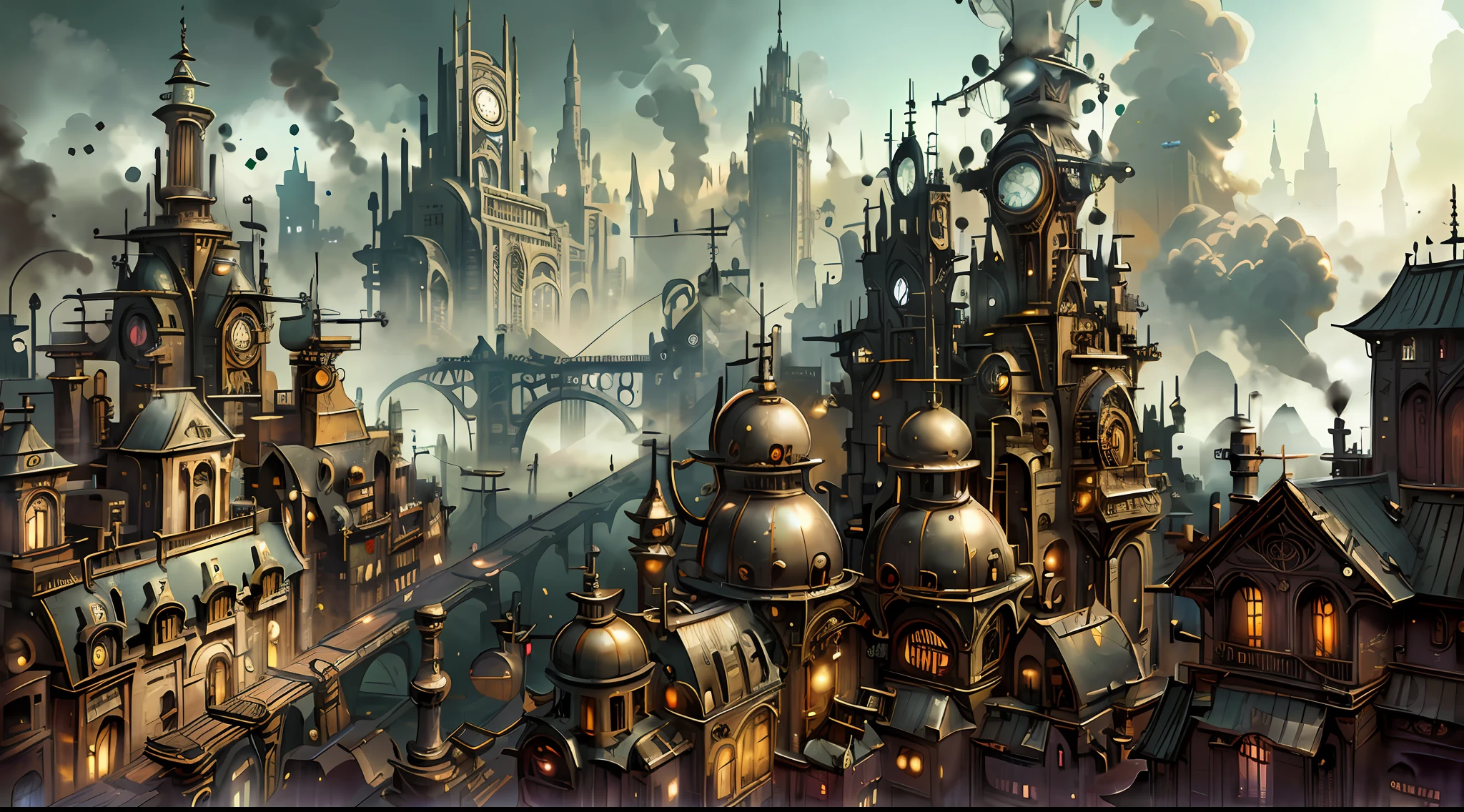 It is a mechanized city with a steampunk style, the architecture is full of character, the structure and details create unparalleled effects, the city is filled with steam, colorful, showing the overall details of the city. 8K, Ultra Detail, Ultra HD, Vista,