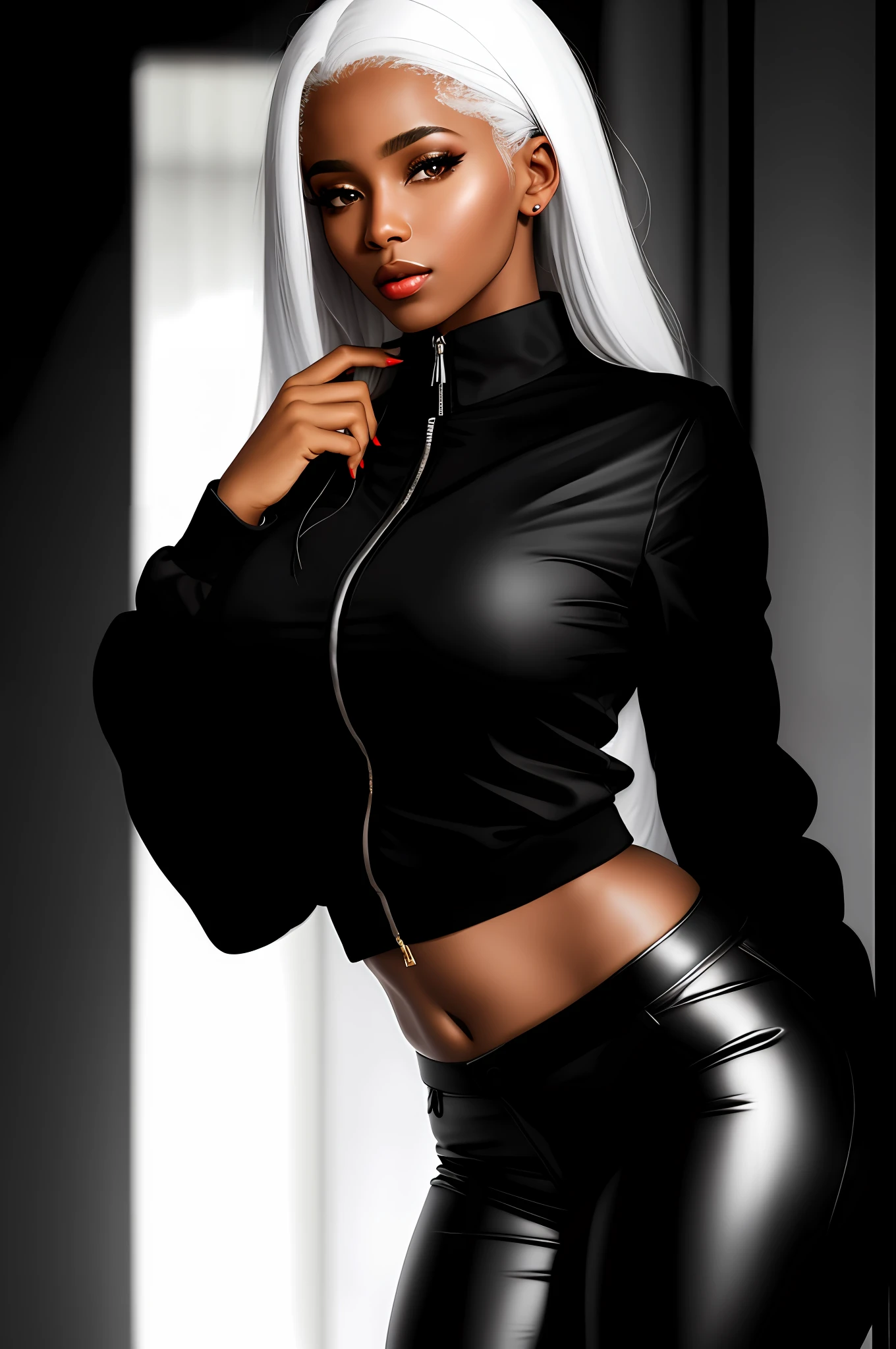 Best quality, masterpiece, high resolution, 20 yo black woman, dressed in black choir pants and jacket,red blouse,white hair, beautiful face, sexy physique, Tyndall effect, realistic, dark studio, rim lighting, duotone lighting, (high detail skin: 1.2), 8k uhd, DSLR, soft light, high quality, volumetric light, stealth shot, photo, high resolution, 4k, 8k, bokeh, huge breasts:1.3
