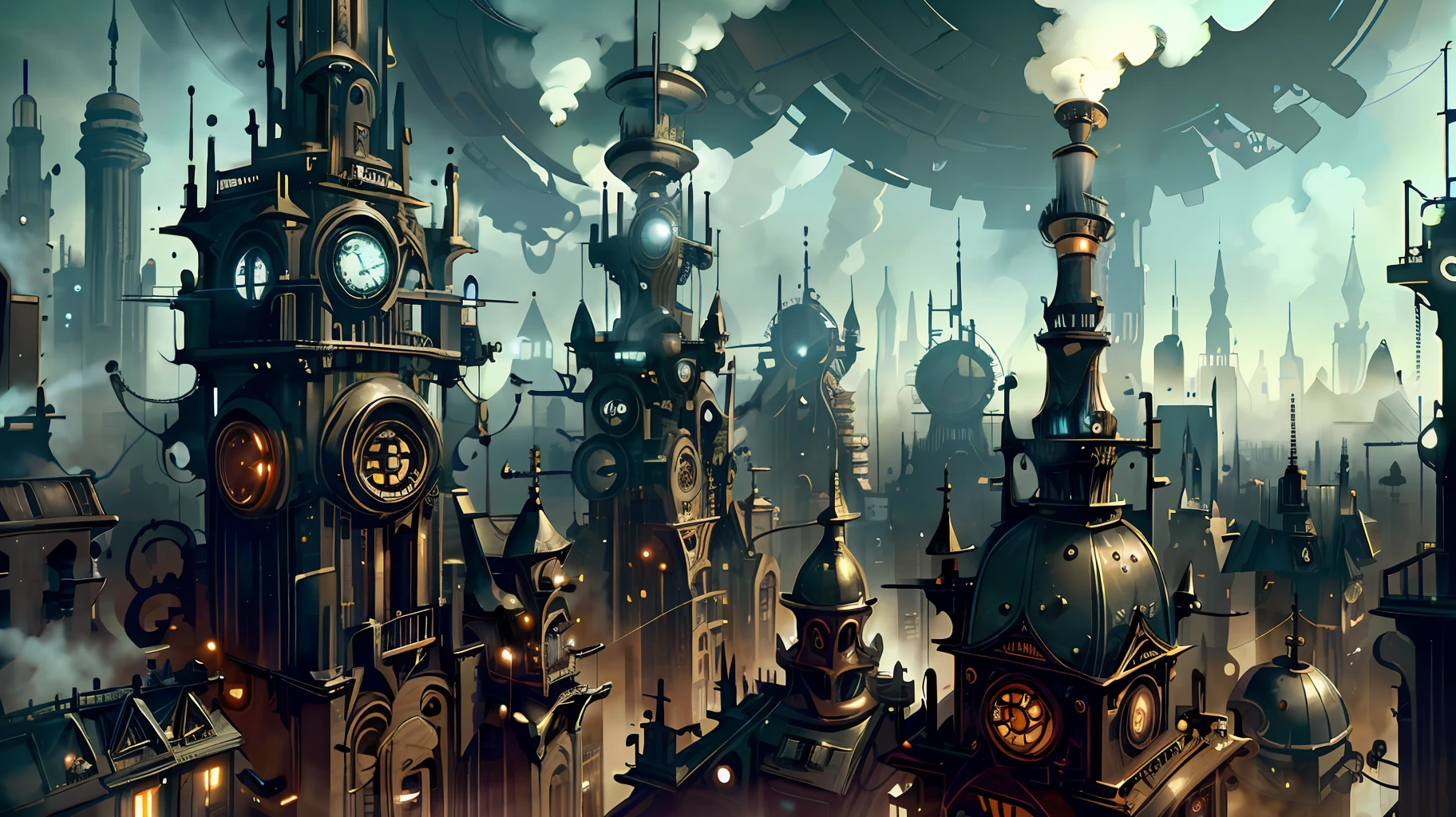 It is a mechanized city with a steampunk style, the architecture is full of personality, the structure and details create unparalleled effects, the city is filled with steam, colorful, futuristic technology, showing the overall details of the city. 8k, ultra detail, ultra high definition, vista, 3D special effects,