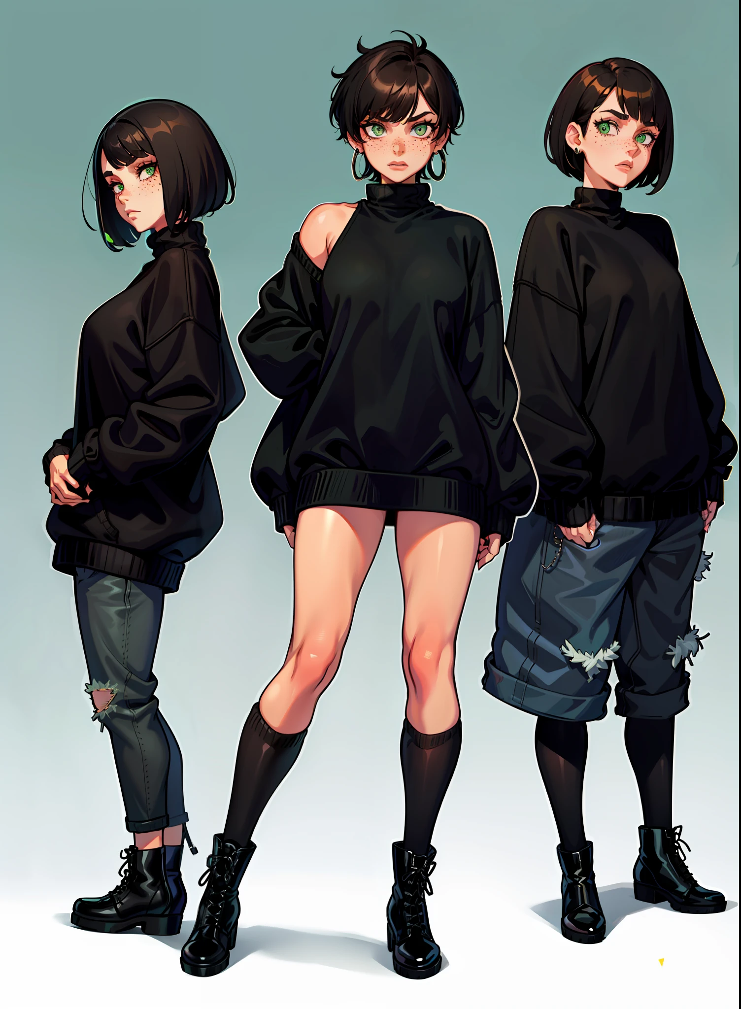 1woman, 1girl, solo woman, 1 person, single person, woman with a black baggy shirt and blue jeans, full body portrait, girl fanart, !!full body portrait!!, fullbody portrait, full body character portrait, full-body character portrait, detailed full body portrait, character full body portrait, full body illustration, anime full body illustration, anime style character, short brown hair, combat boots, green eyes, Black sweater, freckles, hoop earings, loose sweater, baggy sweater, color black, ((Oversized sweater)) ((no item in hands)) ((Black sweater)) ((Black clothing)) ((BROWN HAIR)) ((SHORT HAIR)) ((LEWD)) ((naughty)) ((Showing skin))