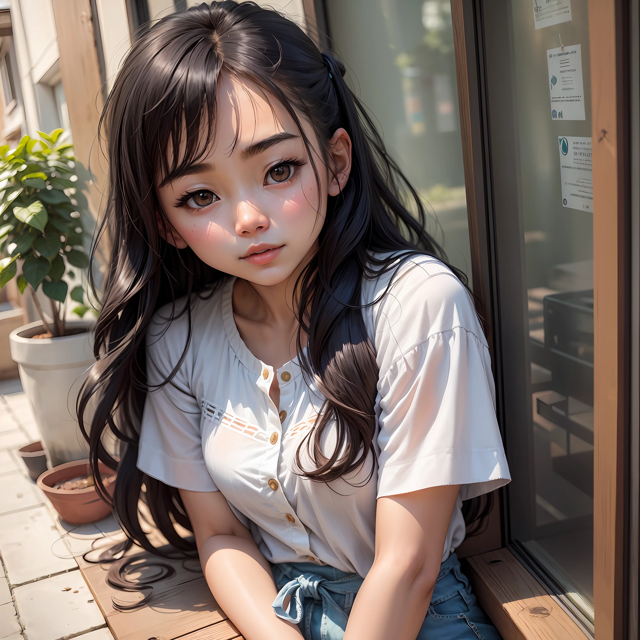 there is a woman that is leaning on a window sill, young cute wan asian face, girl cute-fine-face, chinese girl, 18 years old, asian girl with long hair, young asian girl, beautiful asian girl, young and cute girl, xintong chen, with cute - fine - face, asian girl, 1 6 years old, very beautiful girl --auto --s2