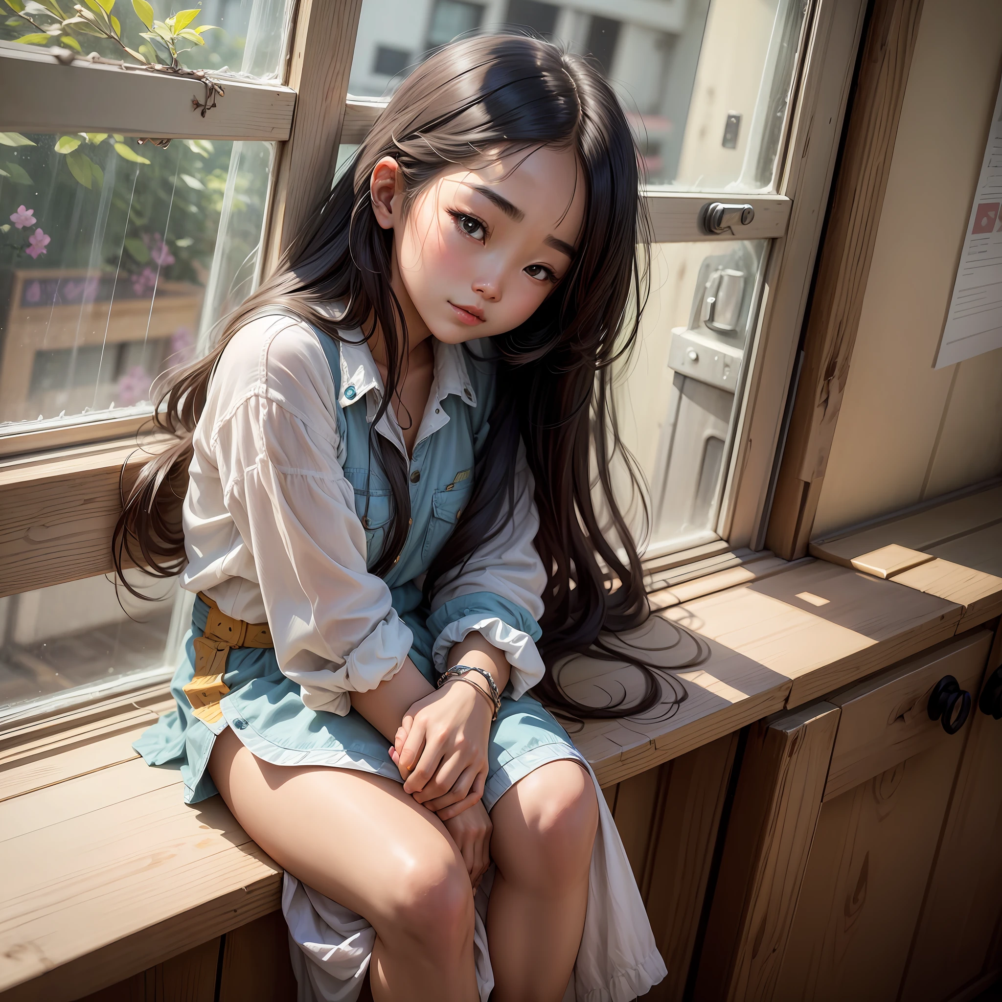 there is a woman that is leaning on a window sill, young cute wan asian face, girl cute-fine-face, chinese girl, 18 years old, asian girl with long hair, young asian girl, beautiful asian girl, young and cute girl, xintong chen, with cute - fine - face, asian girl, 1 6 years old, very beautiful girl --auto --s2