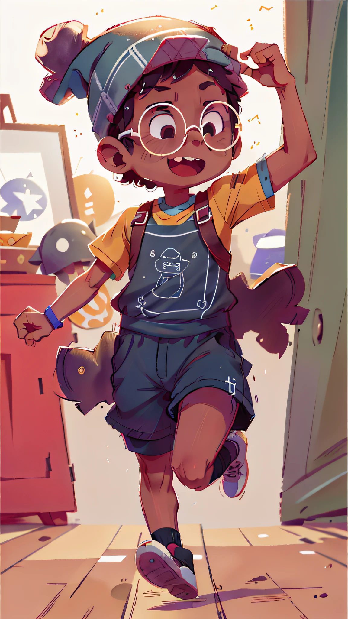black boy running, round glasses, apron, beanie, happy, happy, perfect quality, clear focus, colorful, perfect face, intricate details, ultra-low viewing angle, wide-angle lens --v 6