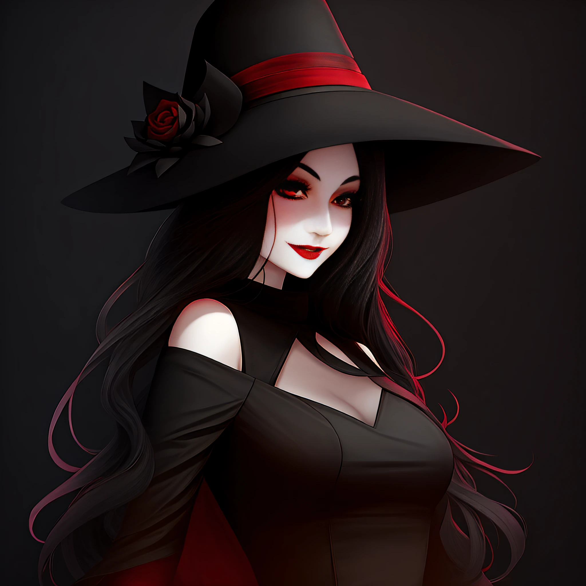 Image of a woman with a hat, inspired by The Mimic Roblox, pale woman, with black clothes, witch, dark, red lipstick and smiling. --auto --s2