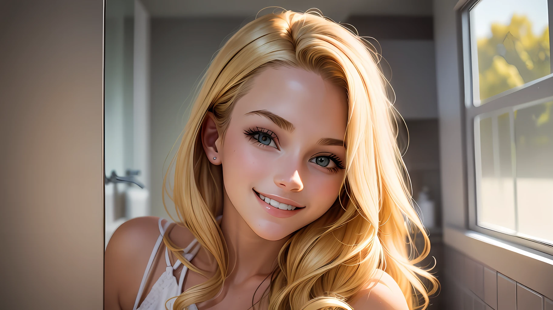 Beautiful blonde american 18 years old sister in a modern bathroom with natural light . Optimistic happy