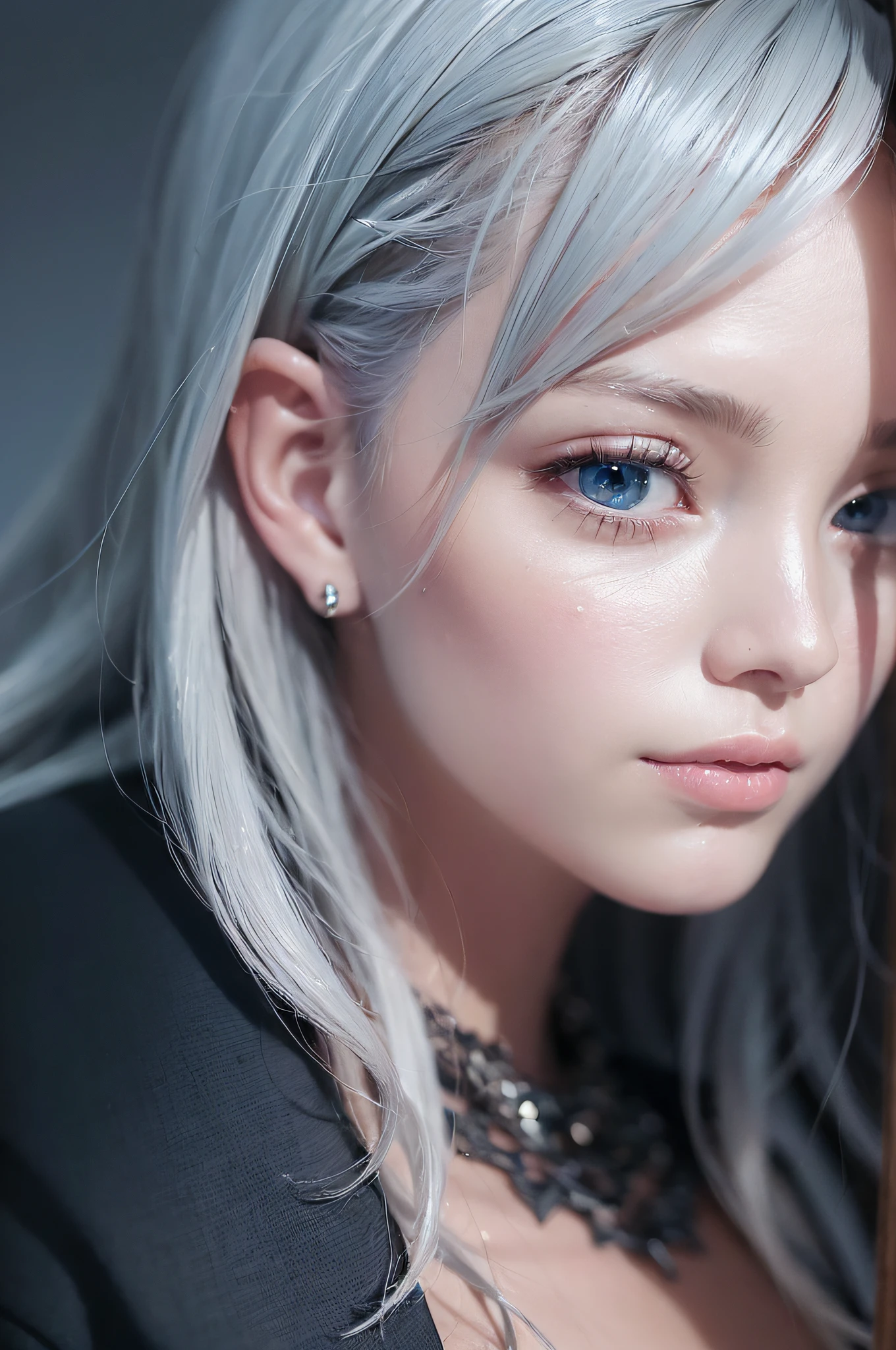 (a woman:1.3),28 years,natural face,smooth,light color,white hair,blue eyes,(some tatto by the body:0.7),against a dark background, high quality, almost real, excellent lighting, great detailing, low noise.