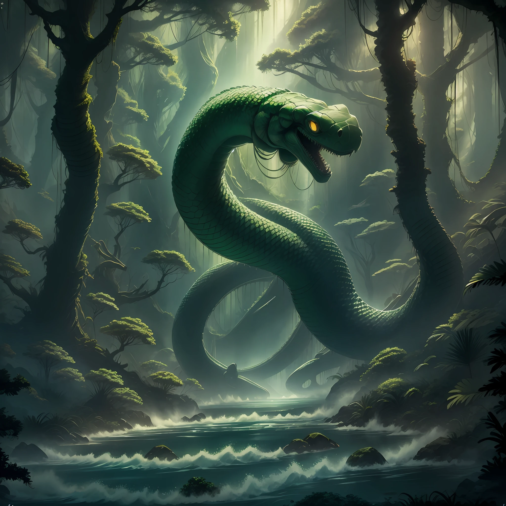 Giant green scary snake in river in forest --auto --s2