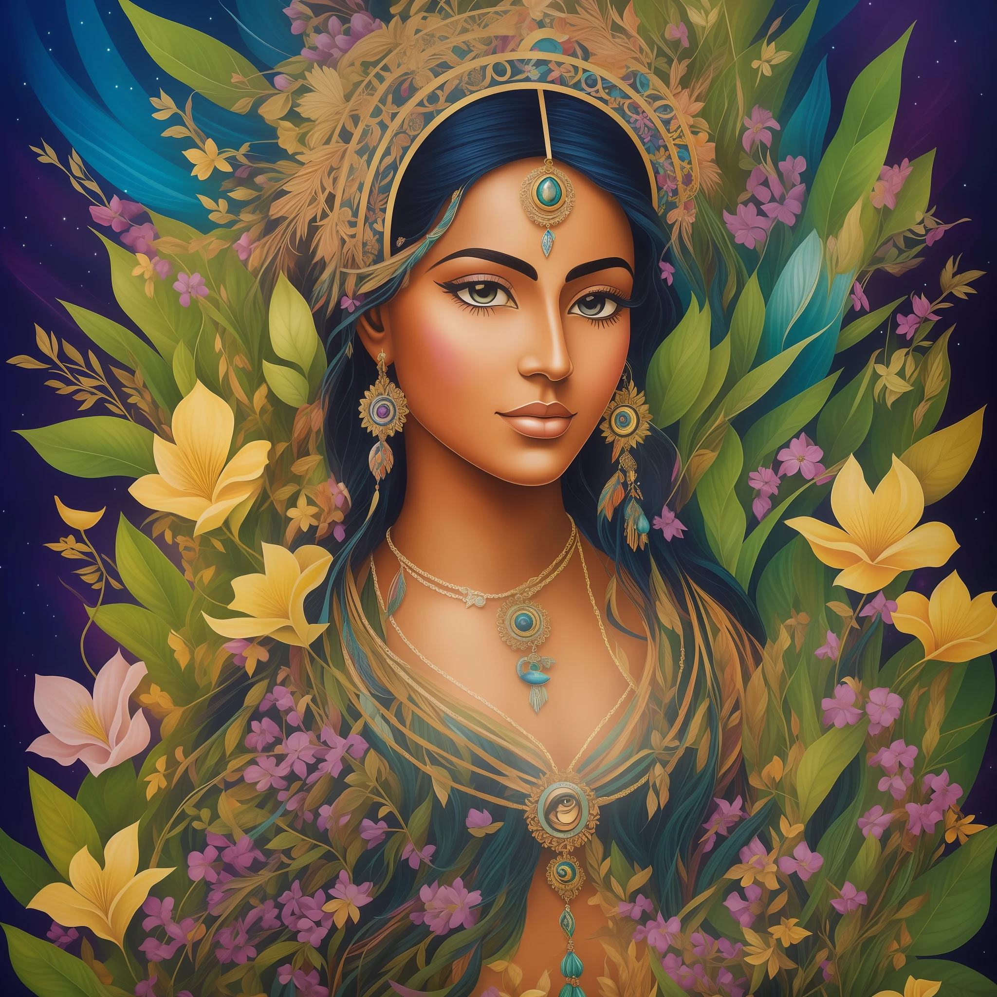 Imagine a mystical and enchanted setting, where nature merges with the spiritual world. In this magical environment, the Cabloca Encantada Mariana, a sacred figure of Afro-Brazilian culture, reveals herself in all her energy and mystery.

In the painting, highlight the enigmatic presence of Cabloca Encantada Mariana in the foreground. She is portrayed as an indigenous woman, with delicate features and a penetrating gaze. Your body is enveloped in an aura of light, conveying your connection to the spiritual world.

Around the Cabloca Encantada Mariana, represent magical elements and symbols associated with it. Exotic flowers can bloom on your way, symbolizing the renewal and beauty of nature. Colorful birds and butterflies can dance around you, representing freedom and transformation. Medicinal leaves and herbs may be present, symbolizing ancestral knowledge and healing.

On the face of the Cabloca Encantada Mariana, capture an enigmatic and mysterious expression. His eyes convey an ancestral wisdom and a touch of magic, while his lips suggest an intriguing smile. Subtle details on your skin can evoke an ethereal luminosity, underscoring your enchanted nature.

Use a vibrant and iridescent color palette to convey the magic and mystery of Cabloca Encantada Mariana. Shades of blue, green, violet and gold may predominate, creating an otherworldly atmosphere. Use soft brush strokes and subtle textures to add depth and an ethereal touch to the painting.