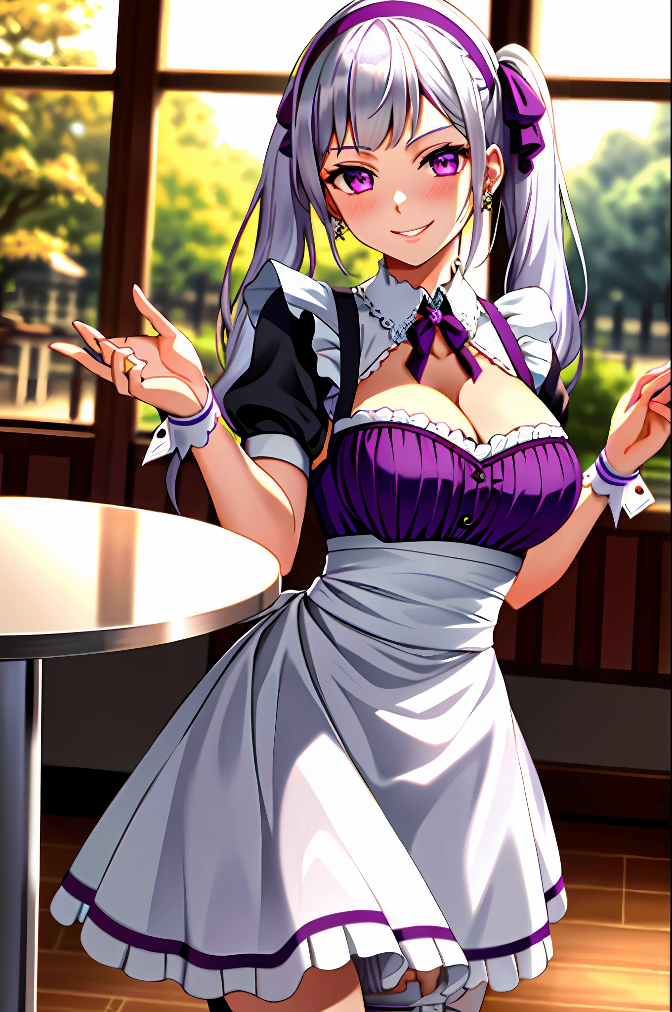 1girl, cowboy shot, beautiful noelle_silva, long hair , twintails, bangs, earring, jewelry, silver hair, purple eyes, maid_dress, maid dress, stocking, naid hairband, white hairband, cleavage, water, medium breast ,smile, room, indoors, cafe, food, table, chair, drink, front light, volumetric lighting, best quality, masterpiece, intricate details, tonemapping, sharp focus, hyper detailed, blush, sexy pose,