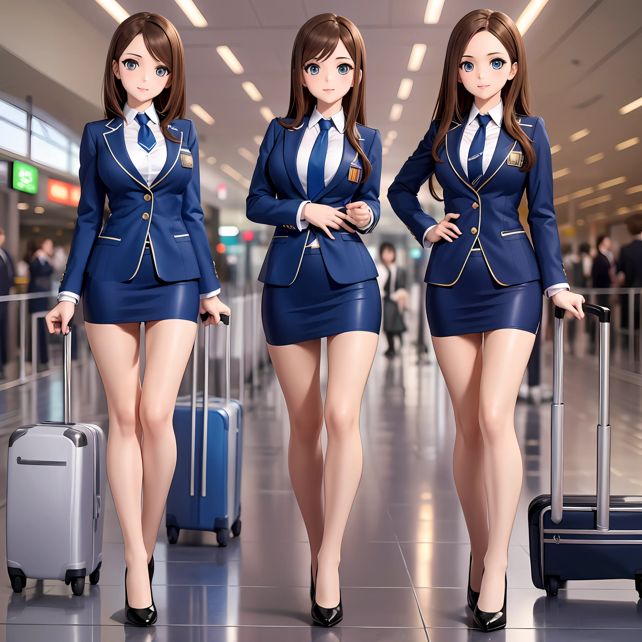 {{Mature female, caucasian}}, looking at viewer, hazel eyes, extremely detailed, medium breasts, brown hair, airport, flight attendant, uniform, dark blue blazer, dark blue necktie, dark blue skirt, medium skirt, pencil skirt, bare legs, blue high heels, happy, best quality, high quality, extremely detailed anime screencap, {{{{crowded, multiple girls, thousands of sisters, millions of sisters,billions of sisters, clone, doppelganger, matching outfit, matching hairstyle}}}}, full body