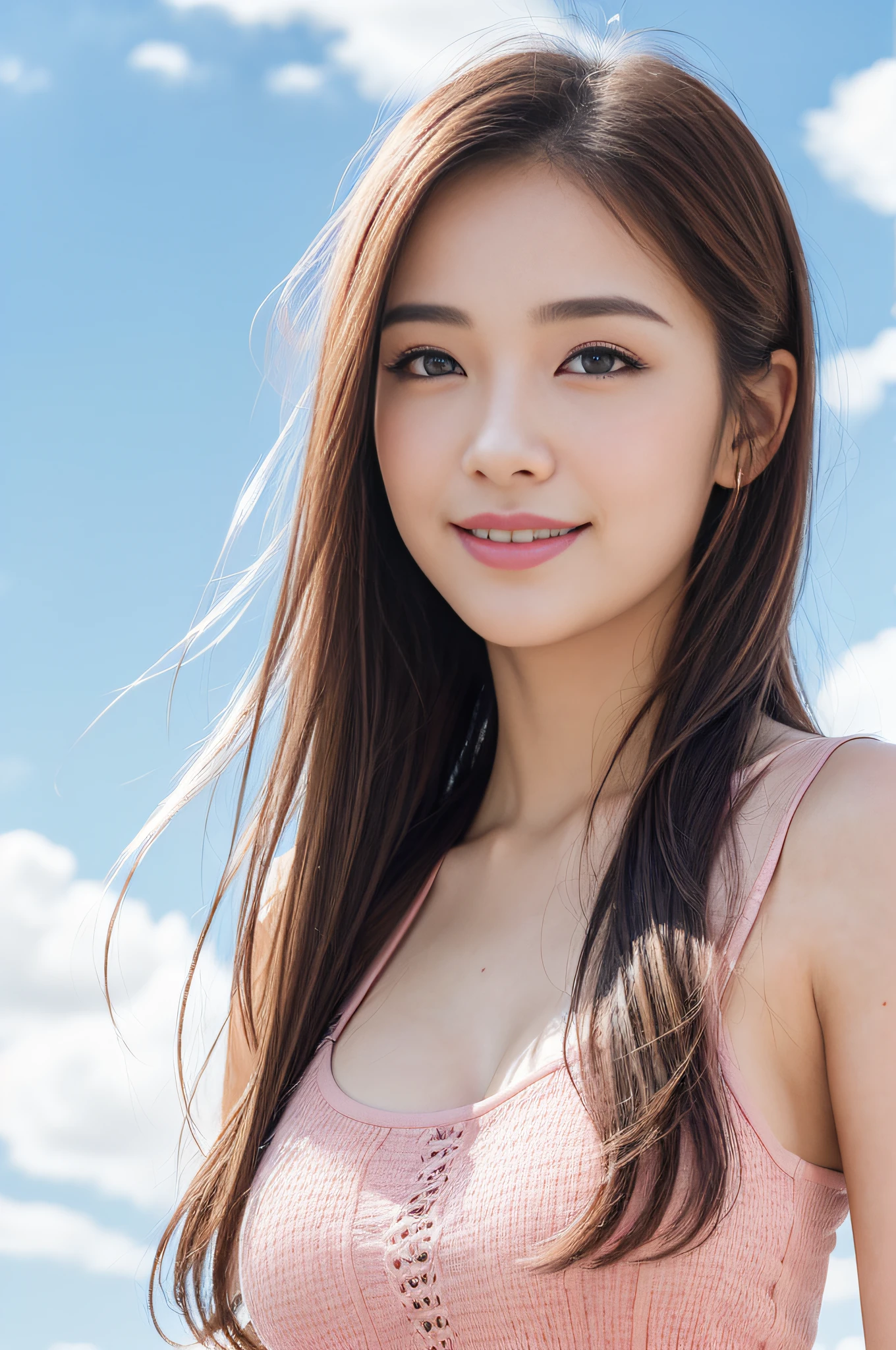 (8k, Best Quality, Masterpiece:1.2), (Realistic, Photorealistic:1.37), Ultra Detailed, 1 Girl,Cute,Solo,Beautiful Detailed Sky,Date,(Blush),(Smile:1.15),(Closed Mouth)Small Breasts,Beautiful Detailed Eyes,(Long Hair: 1.2),Floating Hair NovaFrogStyle, tank top, jeans, standing,