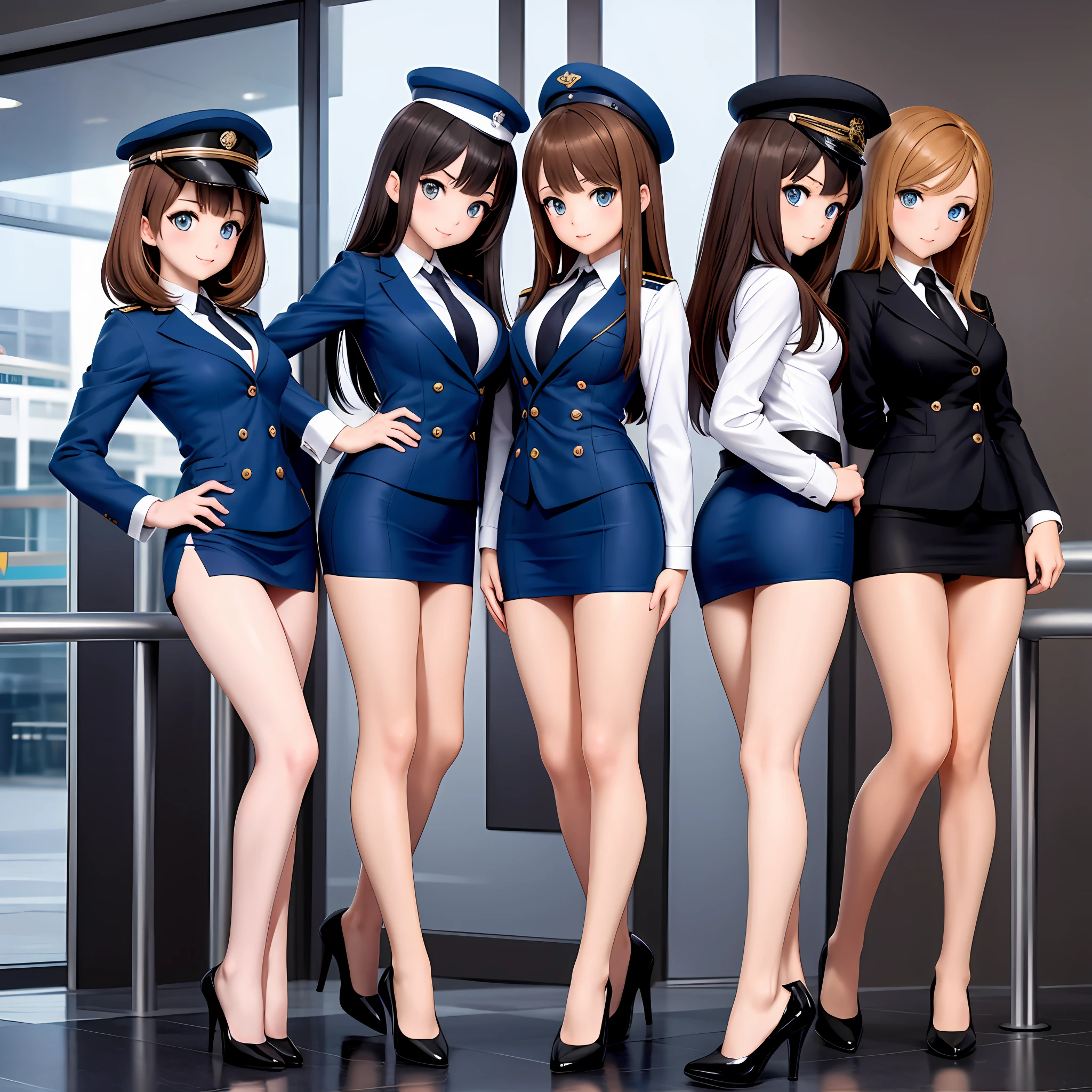 {{Mature female, caucasian}}, looking at viewer, hazel eyes, extremely detailed, medium breasts, brown hair, airport, flight attendant, uniform, dark blue flight addentant hat, dark blue blazer, dark blue necktie, dark blue skirt, medium skirt, pencil skirt, bare legs, blue high heels, happy, best quality, high quality, extremely detailed anime screencap, {{{{crowded, multiple girls, thousands of sisters, millions of sisters,billions of sisters, clone, doppelganger, matching outfit, matching hairstyle}}}}, full body