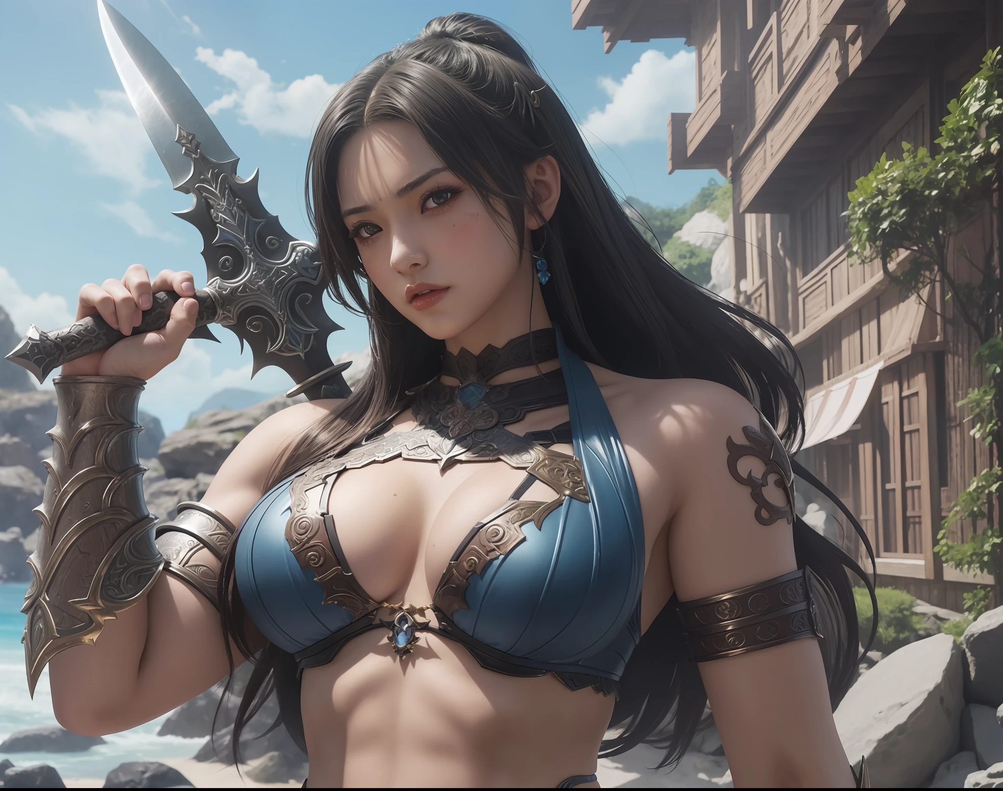 a close up of a woman with a sword in a bikini, a very beautiful berserker woman, granblue fantasy, detailed digital anime art, muscular warrior women, 2. 5 d cgi anime fantasy artwork, detailed anime character art, portrait of a barbarian female, extremely detailed artgerm, badass anime 8 k, anime fantasy artwork, armor girl