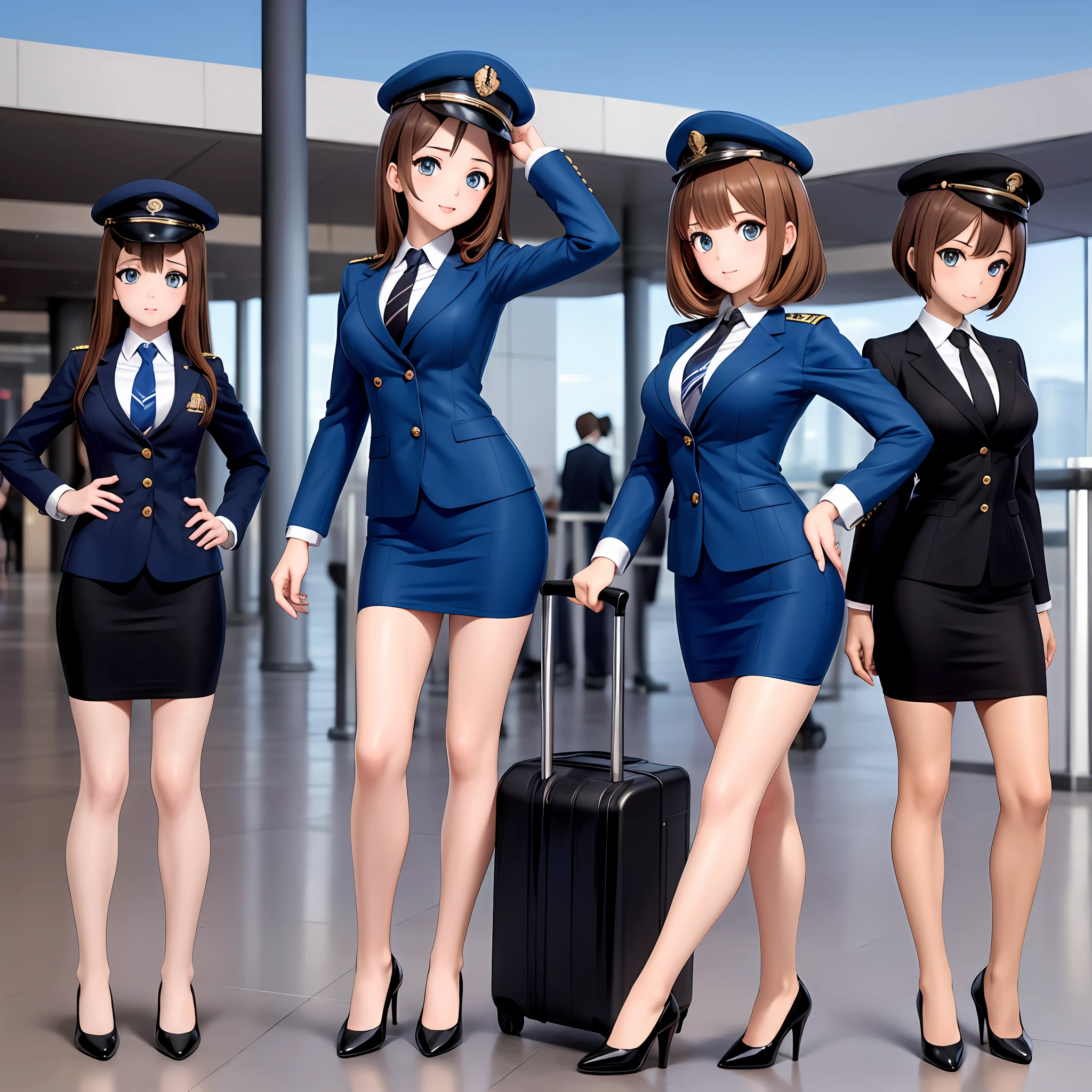 {{Mature female, caucasian}}, looking at viewer, hazel eyes, extremely detailed, medium breasts, brown hair, airport, flight attendant, uniform, dark blue flight addentant hat, dark blue blazer, dark blue necktie, dark blue skirt, medium skirt, pencil skirt, bare legs, blue high heels, happy, best quality, high quality, extremely detailed anime screencap, {{{{crowded, multiple girls, thousands of sisters, millions of sisters,billions of sisters, clone, doppelganger, matching outfit, matching hairstyle}}}}, full body