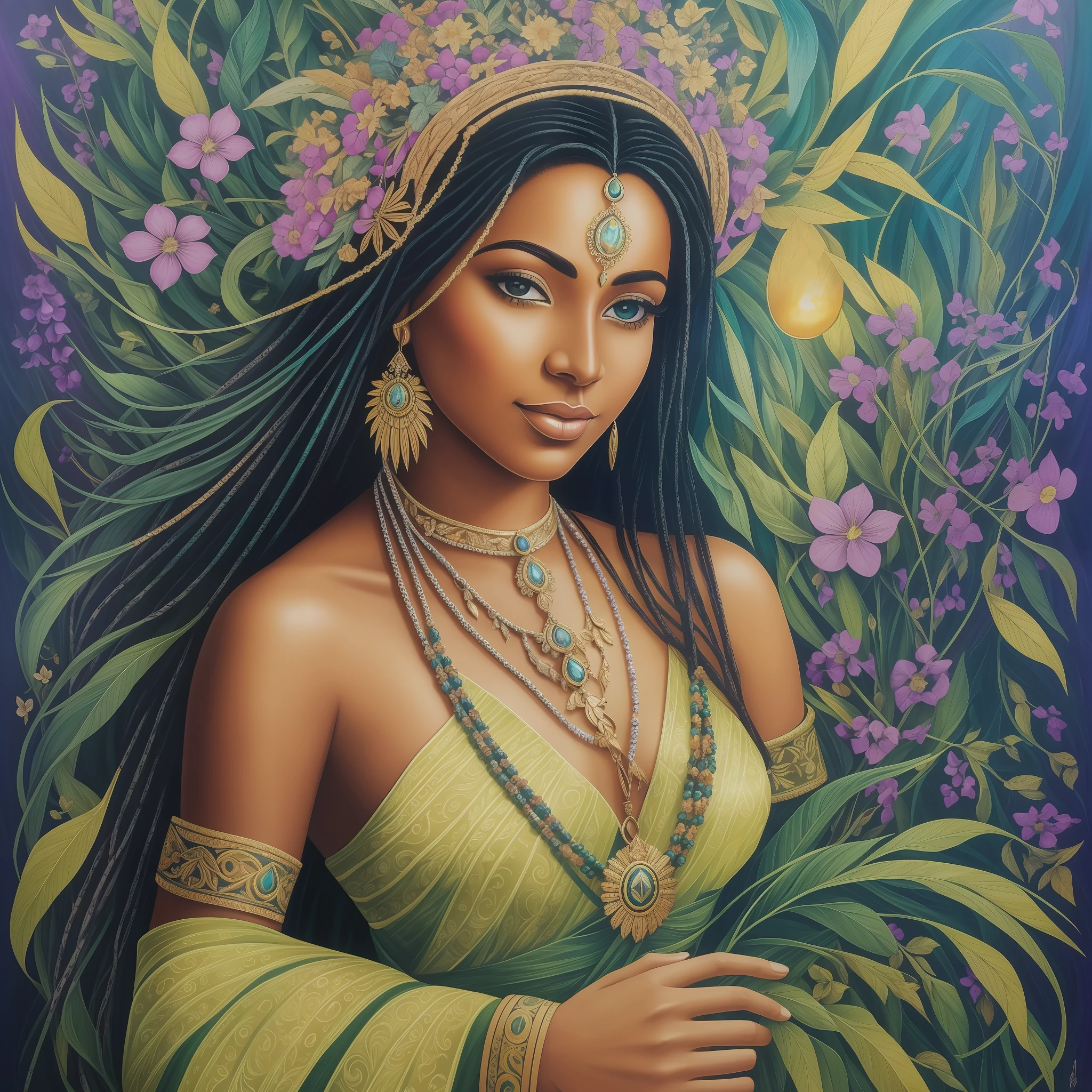 Imagine a mystical and enchanted setting, where nature merges with the spiritual world. In this magical environment, the Cabloca Encantada Mariana, a sacred figure of Afro-Brazilian culture, reveals herself in all her energy and mystery.
In the painting, highlight the enigmatic presence of Cabloca Encantada Mariana in the foreground. She is portrayed as an indigenous woman, with delicate features and a penetrating gaze. Your body is enveloped in an aura of light, conveying your connection to the spiritual world.
Around the Cabloca Encantada Mariana, represent magical elements and symbols associated with it. Exotic flowers can bloom on your way, symbolizing the renewal and beauty of nature. Colorful birds and butterflies can dance around you, representing freedom and transformation. Medicinal leaves and herbs may be present, symbolizing ancestral knowledge and healing.
On the face of the Cabloca Encantada Mariana, capture an enigmatic and mysterious expression. His eyes convey an ancestral wisdom and a touch of magic, while his lips suggest an intriguing smile. Subtle details on your skin can evoke an ethereal luminosity, underscoring your enchanted nature.
Use a vibrant and iridescent color palette to convey the magic and mystery of Cabloca Encantada Mariana. Shades of blue, green, violet and gold may predominate, creating an otherworldly atmosphere. Use soft brush strokes and subtle textures to add depth and an ethereal touch to the painting.