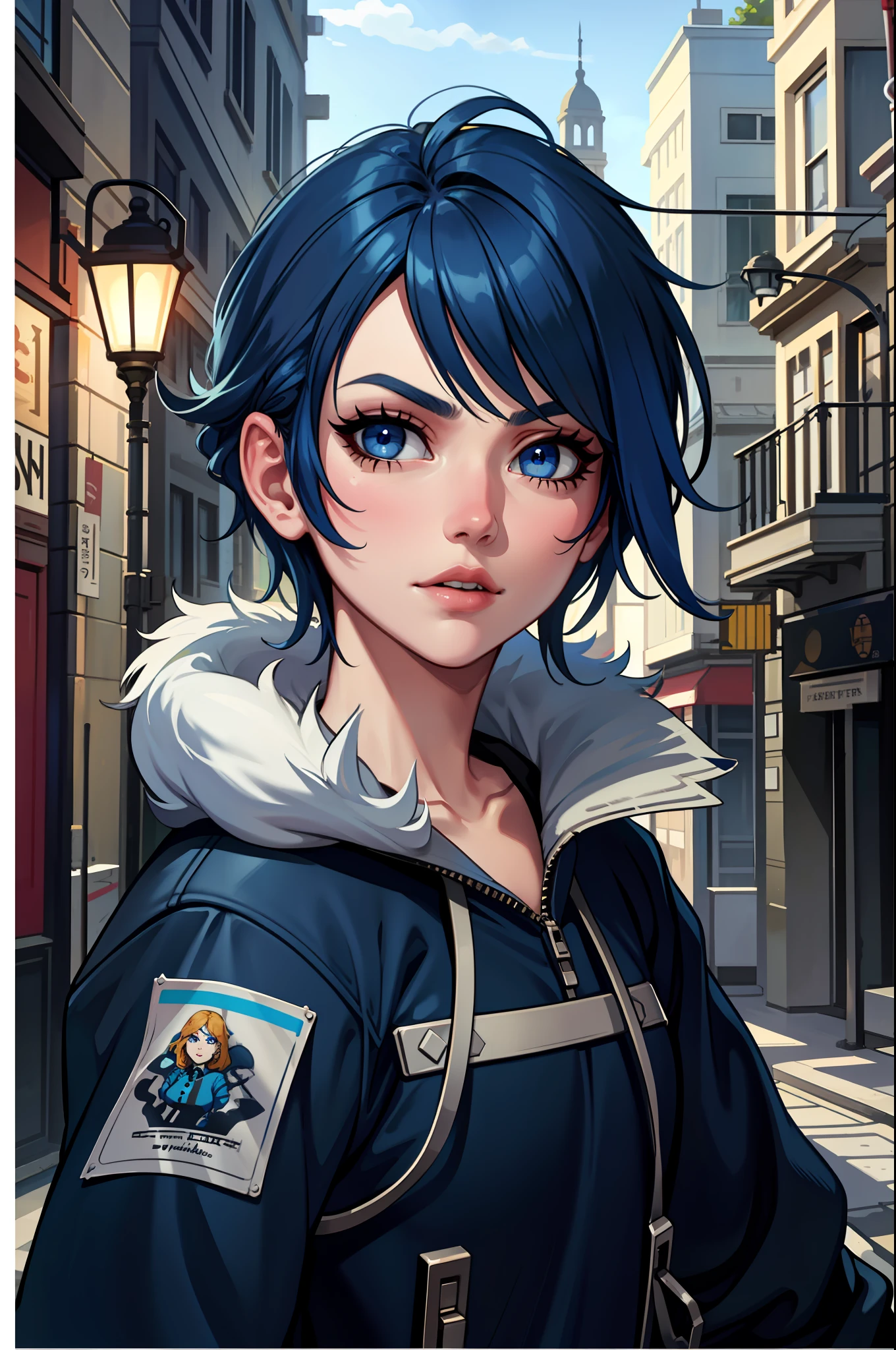 best quality, masterpiece, blue hair, blue eyes, street, street lamp, upper body