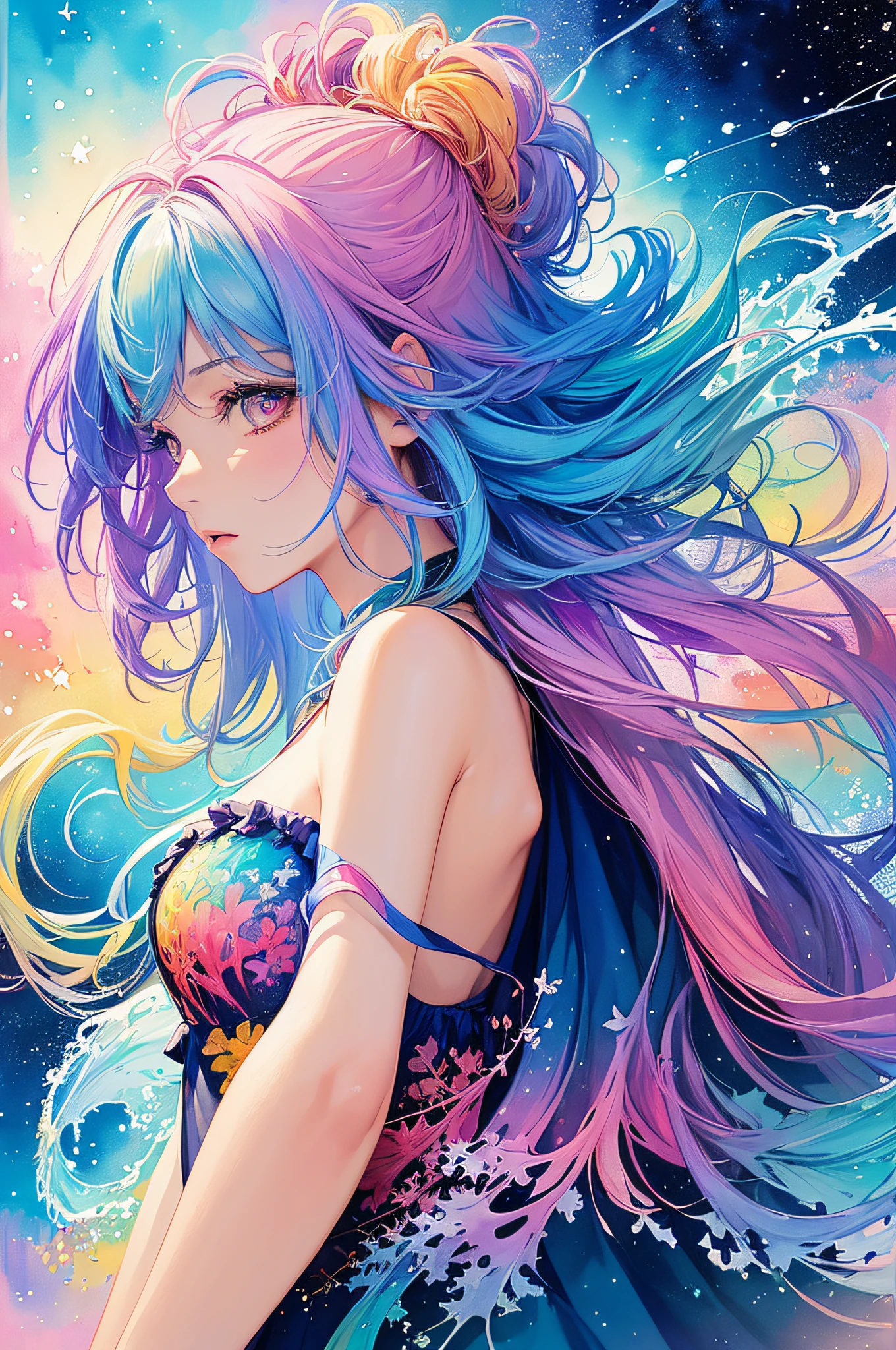 (masterpiece, top quality, best quality,watercolor (medium),official art, beautiful and aesthetic:1.2),(1girl:1.3), (fractal art:1.3),upper body, from side, looking at viewer,patterns,(rainbow color Hair,colorful hair,half blue and half pink hair:1.2),water,liquid, cloud,colorful, starry,stars,