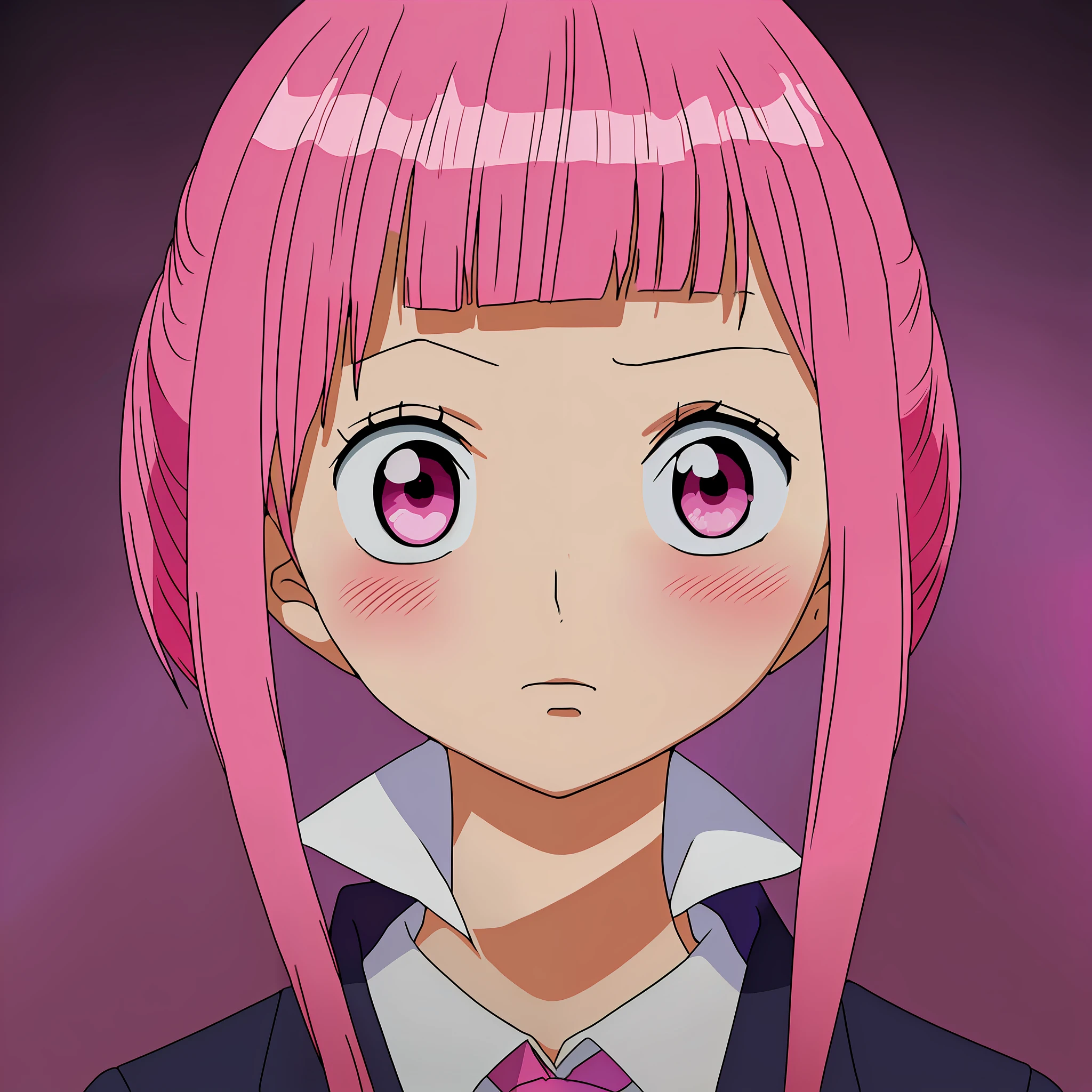 Anime girl with pink hair in pink tie, pink eyes, shy blush