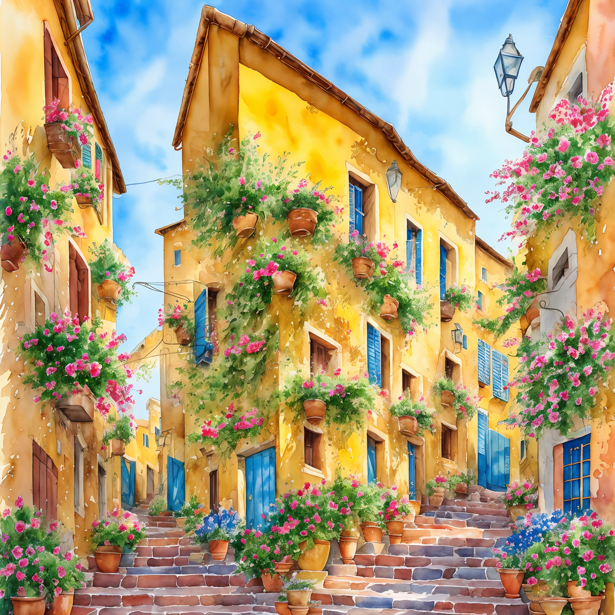 painting of a narrow street with flowers and potted plants, watercolor painting style, in a mediterranean lanscape, greek setting, full of colors and rich detail, watercolor detailed art, by Howard Lyon, streetscape, detailed watercolor painting, watercolor colored painting, by Kathleen Scott, detailed watercolor, architectural painting, streetscapes, shady alleys, vibrant watercolor painting, spanish alleyway