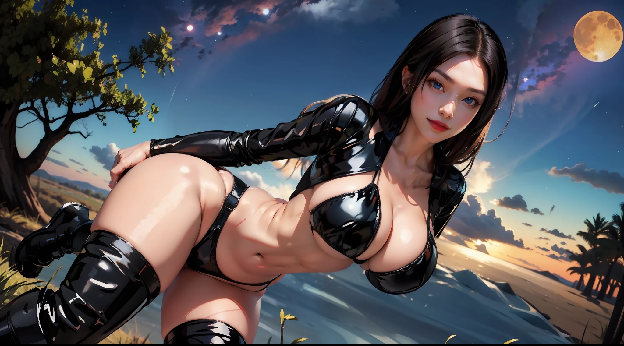 realistic, masterpiece, ray tracing, black hair, bikini, tight clothing, sleeveless, no teeth, smile, huge breasts, cleavage, red lipstick, blue eyes, wide hips, thick thighs, legs, boots, muscles, abs, pretty face, on top of hill, grass, flowers, trees, bent over, showing ass, ass up, showing butt, bend over, watching sunset, stars, night sky, moon, clouds