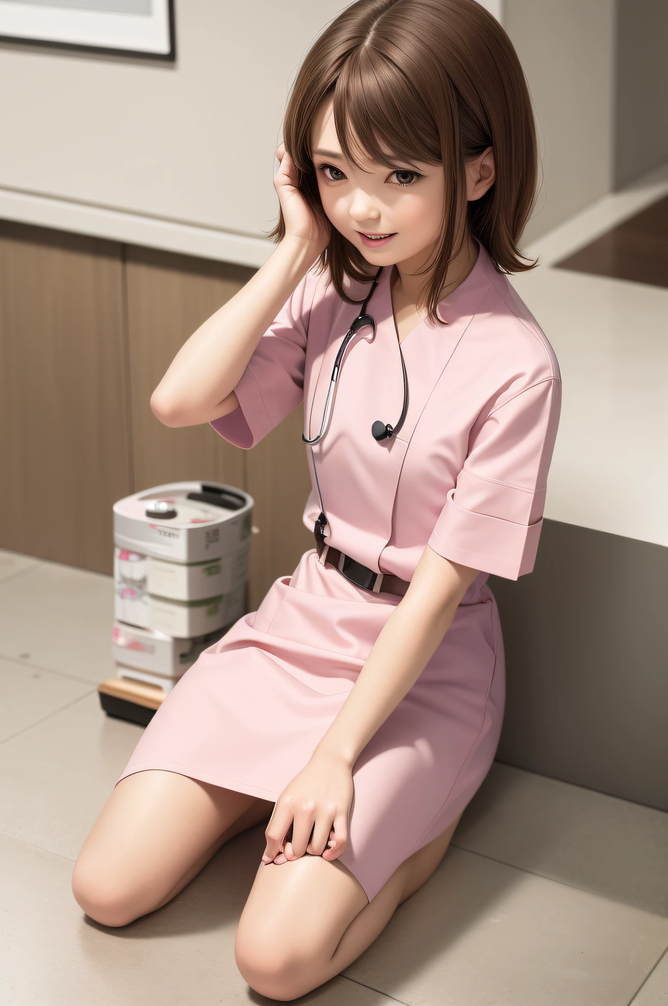 high quality, realistic, photo, human, masterpiece, brown hair, brown eyes, talking, laughing face, lone nurse, light pink uniform, full body