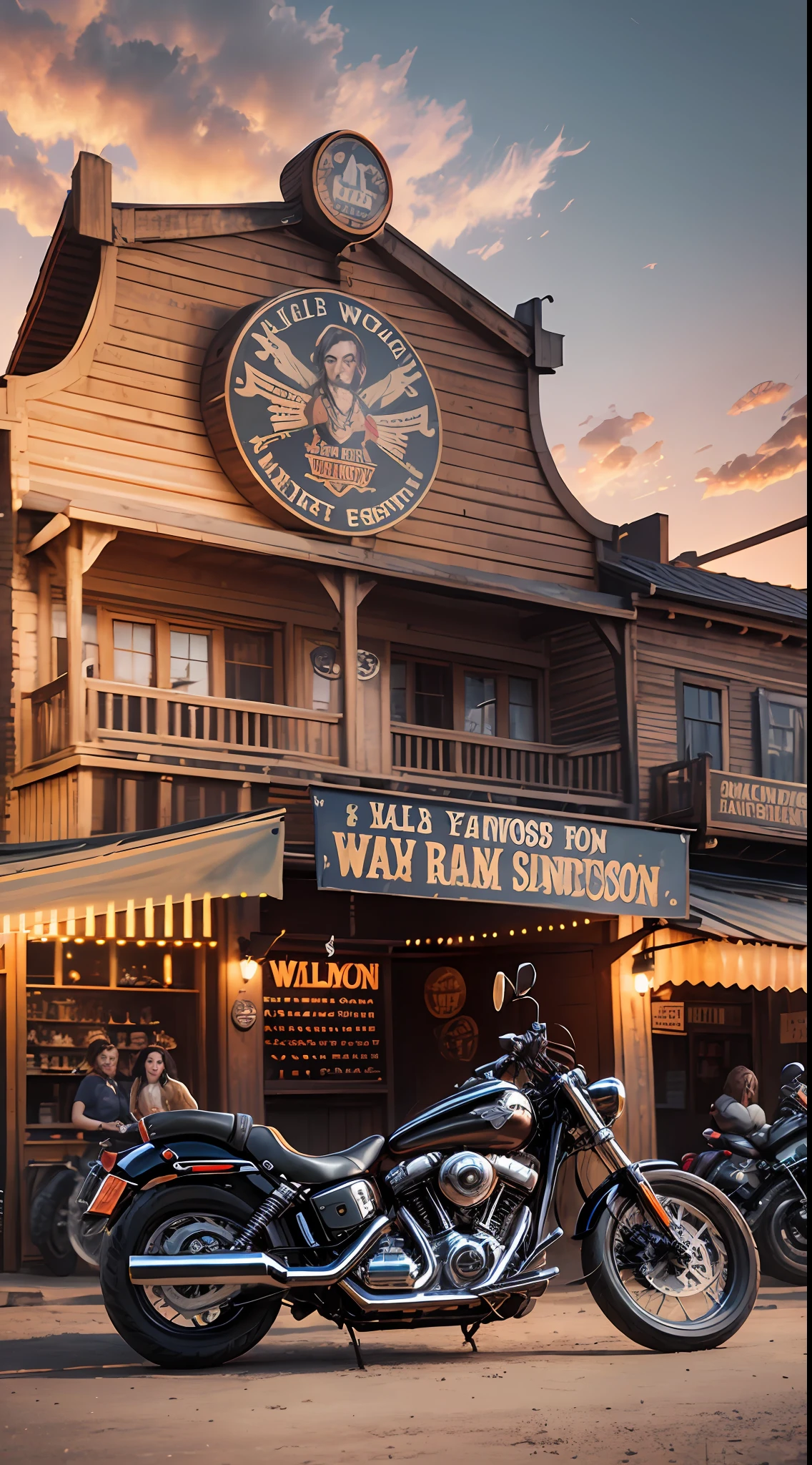 creation of a flyer for a motorcycle party, wild west saloon with harley davidson motorcycles parked out front nice girls ont the front of saloon, sunset, film grain, from below, Wide-Angle,photo realisme, high details, high quality, 4K, best quality --auto --s2