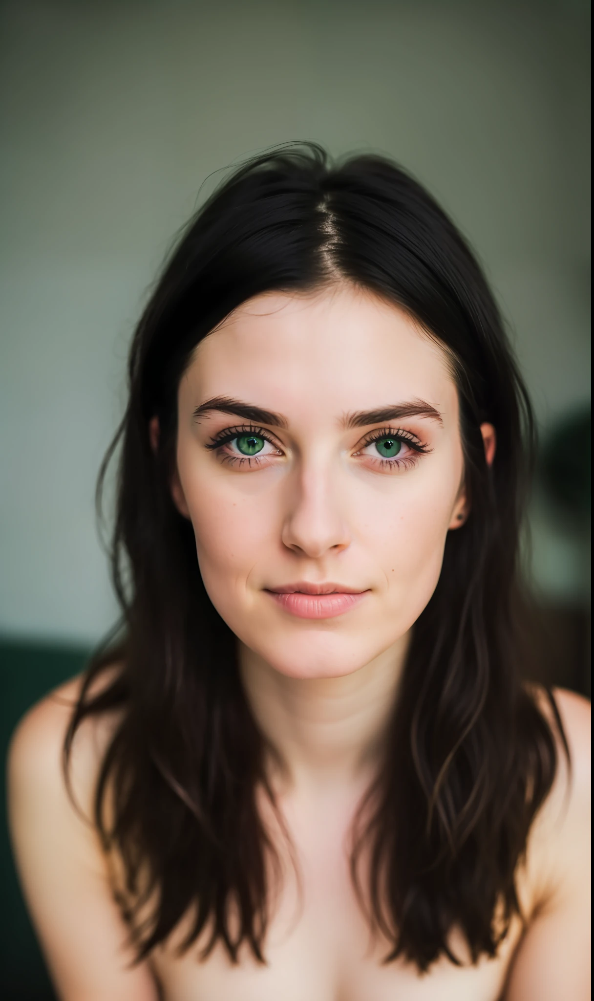 RAW photo, 24 year old Welsh woman, no clothes, messy black hair, green eyes, thin construction, at home, shallow depth of field, (high detail skin: 1.2), 8k uhd, DSLR, soft light, high quality, film grain, 20mp, Fuji XT3, 80mm, Hasselblad