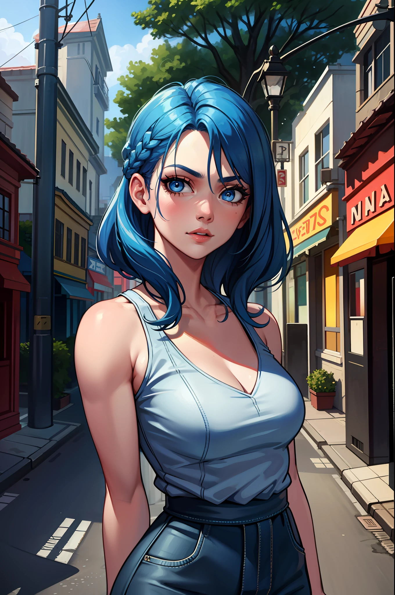 best quality, masterpiece, blue hair, blue eyes, street, street lamp, upper body