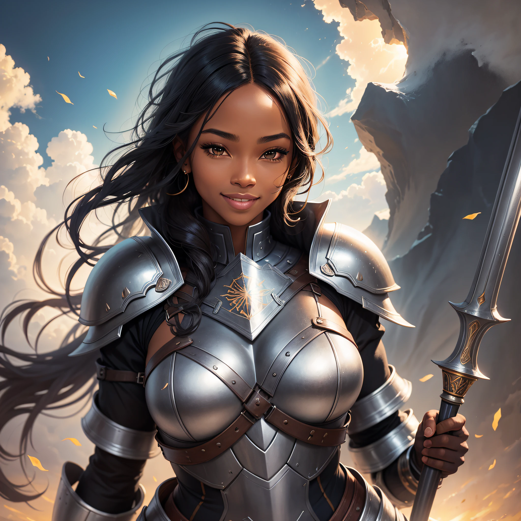 lllustration of a black woman warrior, wearing armor and cover, no sexy position, cover the body, with a light and confident smile, background with sky and clouds and sun sett