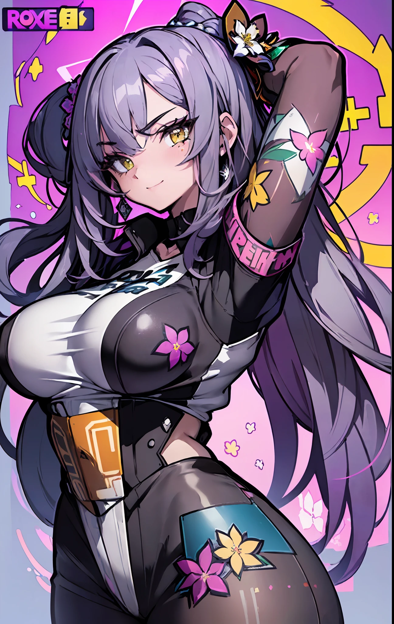 ((((spectacular))) ((heroic)) (((intense))),background, mixed-language_text, Japanese graffit lyrics ,girls, excellent lighting, sidelighting, (), vhsKeeper,, style GUILTY GEAR -STRIVE perfect ultimate (flat color: 1.3), (magazine_cover: 1.4), (multicolored_background: 1.3), striped_background, card_background, circular pieces of white metals glued to the arms coming out shimmering yellow glow,beautiful woman with ultra detailed long black hair, (beautiful and clear background: 1.2), fantastic paintings, graffit style flowers, highly detailed eyes, a t-shirt or dress with a white blouse underneath, background, mixed language_text, Japanese letters in graphite, ashley alexiss beautiful woman, long black hair, excellent lighting, side lighting, perfect ultimate (flat color pink bubblegum gradient: 1.3), (magazine_cover: 1.4), (multicolored_background: 1.3), striped_background, card_background, :: Discs with sharp and shiny blades in the hand :: circular pieces of white metals glued to the ultra detailed arms coming out sparkling shine, black star design stamped in the middle of the T-shirt, perfect and detailed sculptural body, ultra detailed shirt with abstract design and with Japanese letter print in graphite of the sides of the clothing, used jeans, large chest, with immersive effects, hover effect, graffiti style flowers background with flowers and vibrant colors, "ultra" hdr detailed and with focus effect, (masterpiece: 1.2, best quality), (beautiful emerald yellow eyes with finely detailed huge eyelashes: 1.2), , ((Solo)), (finely detailed eyes and detailed face: 1.3), beautiful ultra-detailed eyes, linear light smile, graphite and tattoo style background, skintight bodysuit with detailed tattoo style print, ultra-detailed red gradient leather jacket, warm thighs, black skintight pants with ultra-detailed white and pink details, large breasts, ultra-detailed bracelets on the arms, , bracelet on the right arm wi