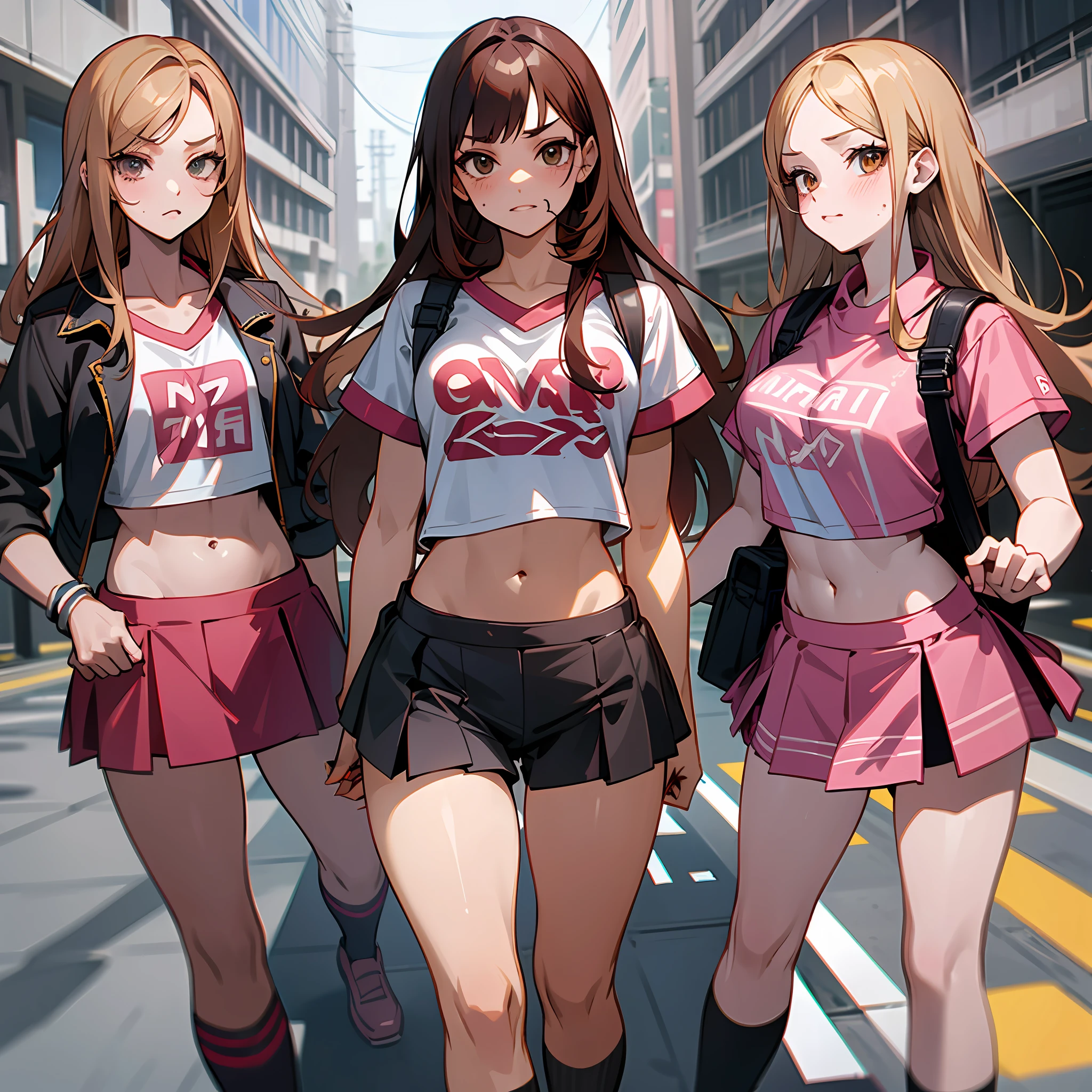 {{Teenage female, caucasian, hundreds of bully girls, many girls, group shot}}, looking at viewer, hazel eyes, extremely detailed, brown hair, blonde hair, red hair, black hair, pink clothes, bully, mean girl, tough girl, delinquents, matching outfits, bruises, scars, happy, best quality, high quality, extremely detailed anime screencap, full body