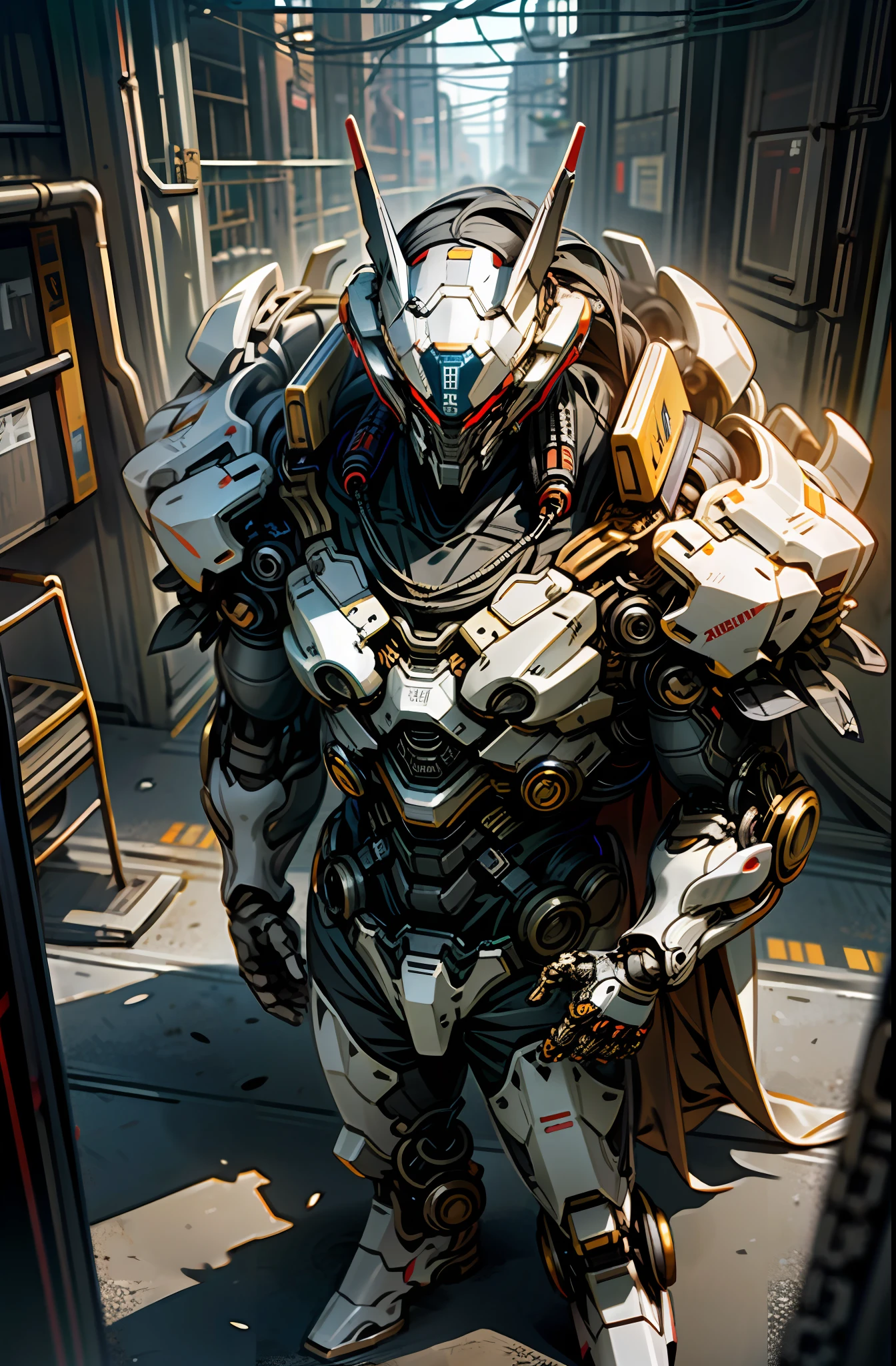 Dark_Fantasy, Cyberpunk, (chain saw, chain saw man, Red: 1.1), 1man, Mechanical marvel, Robotic presence, Cybernetic guardian, wearing shabby mech suits, intricate, (steel metal [rusty]), elegant, clear focus, photographed by Greg Rutkowski, Soft lighting, bright colors, masterpiece, ((street)), ultra-long range shooting, golden armor, hundreds of enemies, main characters overlooking enemies from above, Batman style