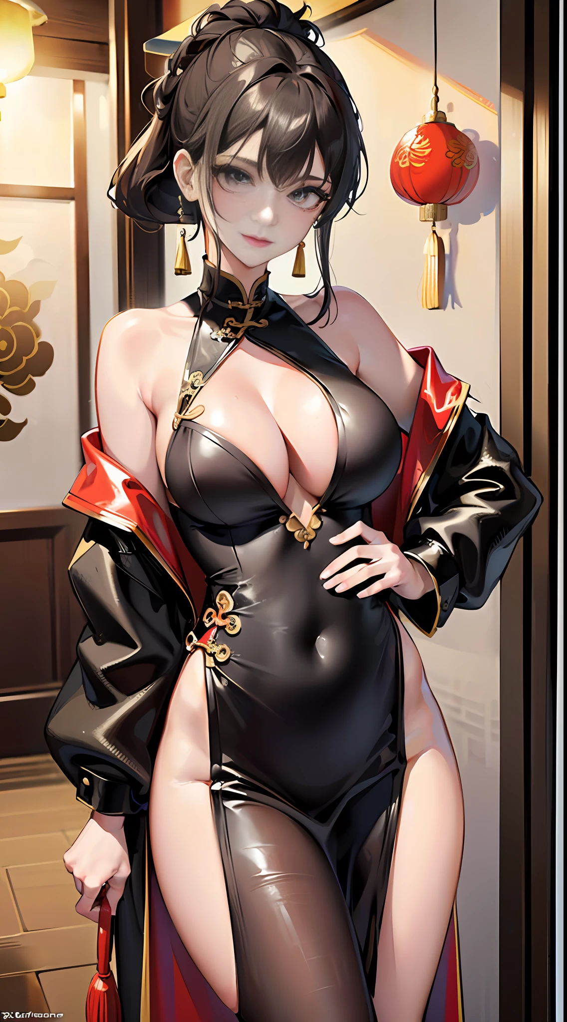 ((Top Quality, 8K, Masterpiece: 1.3)), Sharp Focus: 1.2, Cute Beauty with Perfect Figure: 1.4, Slim Big: 1.2, ((Black Casual Hairstyle, Big: 1.2, Big: 1.2)), (China Clothes with Deep Slit), (Semi-nude, Ecstatic, Standing: 1.2, Sexy Pose), (Exposed Cleavage), ((Chinatown: 1.3 created mainly in women)), very detailed face and skin texture, fine eyes, double eyelids,