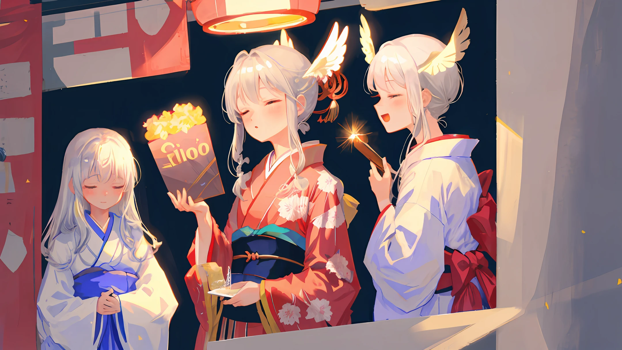 girl, one, silver-haired, kimono, meteor, closed eyes, wings, tight fit, blush