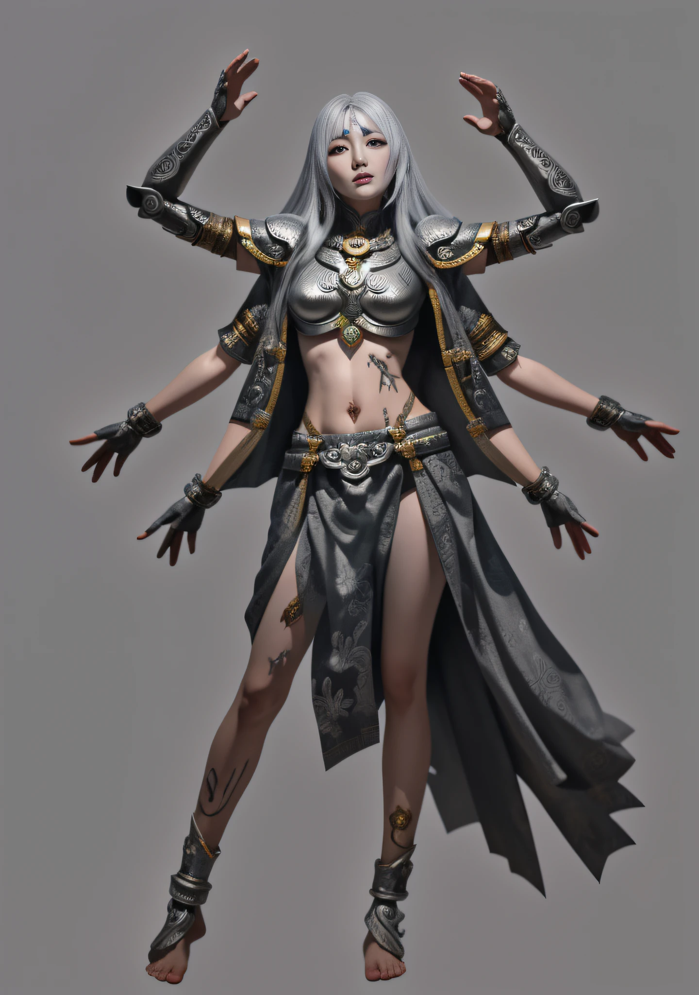 Asura Goddess, Buddhist elements, long silver hair, full body, Japanese armor, rich details, gorgeous patterns, worn-out fabric, barefoot, ray tracing, NVIDIA RTX, Super-Resolution, Unreal 5, Subsurface scattering, PBR textures, post-processing, anisotropic filtering, depth of field, maximum sharpness and sharpness, multi-layered textures, albedo and highlight maps, surface shading, accurate simulation of light-material interactions, perfect proportions, Octane Render, two-color light, large aperture, low ISO, white balance, rule of thirds, 8K RAW, 32k --niji 5