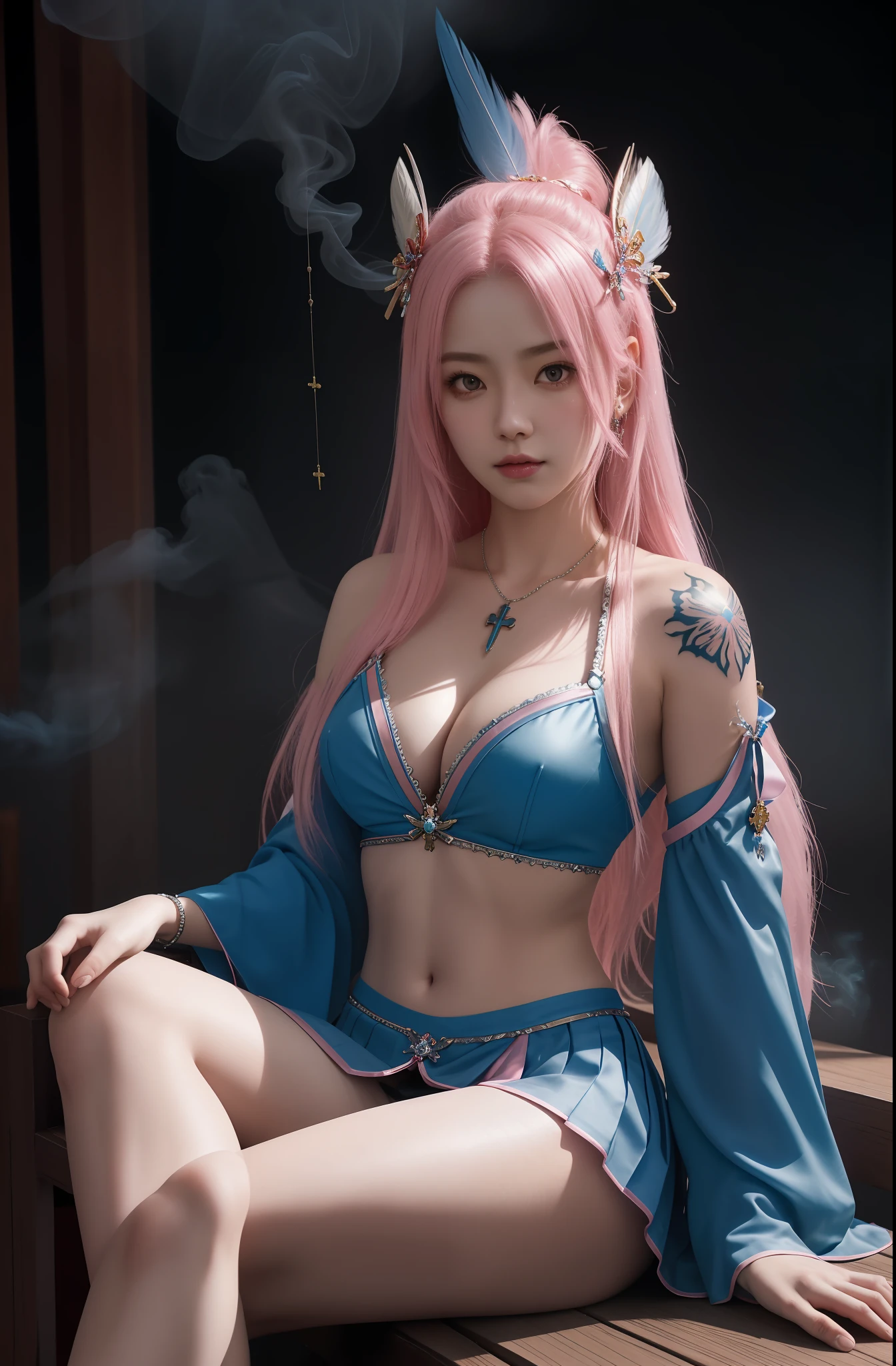 Masterpiece, top quality, pink hair, blue lightning, realistic, realistic details, details. Blue clothes. Blue thunder. Blue crystal. Airborne particles. Blue smoke. Cross-legged. Agra. Cross-legged. Cross-legged sitting. Sit cross-legged. Sit cross-legged. Tattoo. Tattoo.
1 girl, beauty, seductive face,, fine skin, anicos_inori,, long hair, navel, parted sleeves, bare shoulders, middle opening, cleavage, middle chest, hair clip with long feathers, hair ornament, red eyes, thigh height,look at viewer,isekai,mini skirt、darkness ochi。