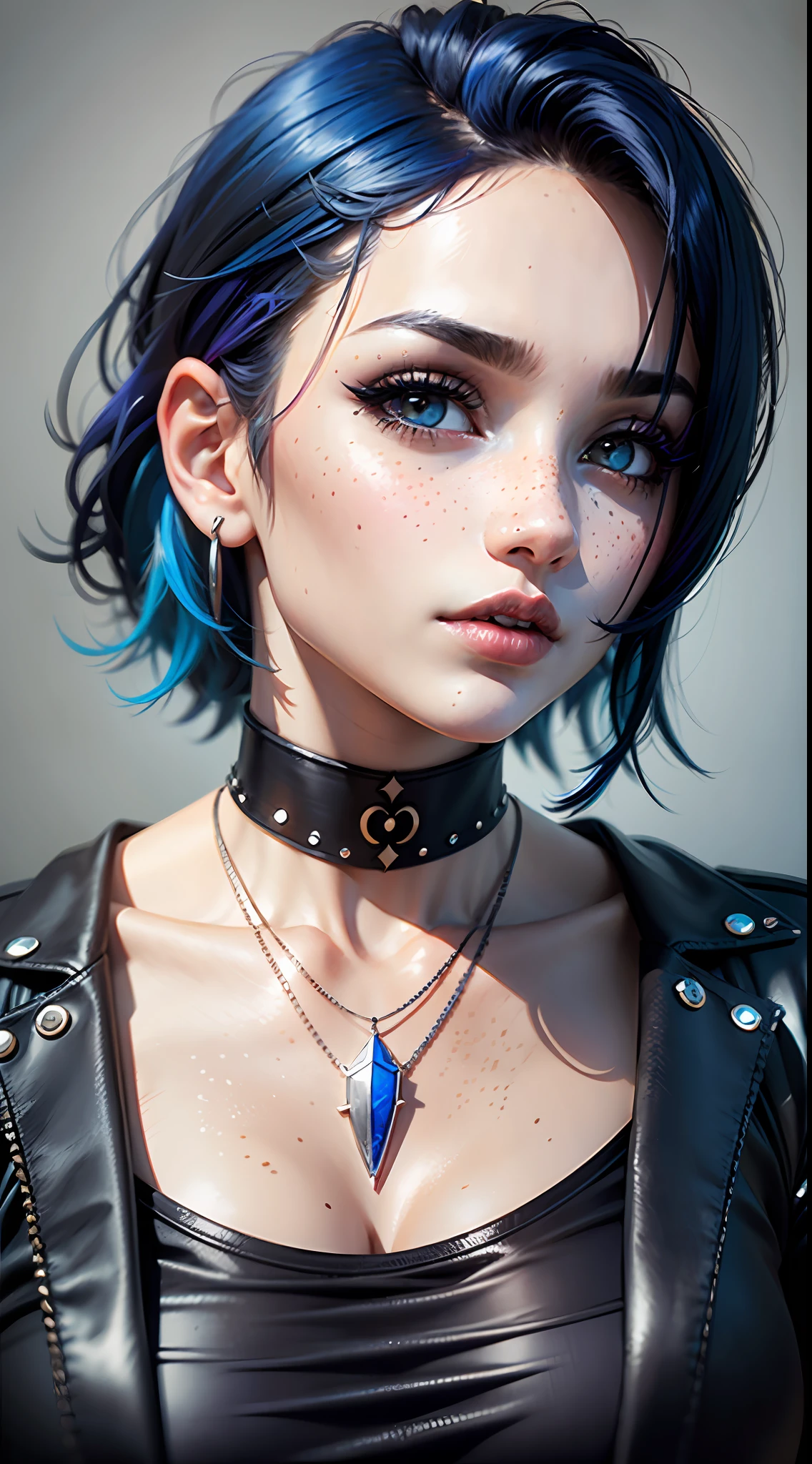 masterpiece, best quality,3d rending work ,3DMM style,close-up,portrait, 3D,1girl, solo, multicolored hair, blue hair, black hair, necklace, freckles, jewelry, two-tone hair, looking to the side, realistic, upper body, simple background, bangs, looking away, short hair, parted lips, black eyes, lips, gothic, choker, makeup, mole, black shirt, shirt, watermark
