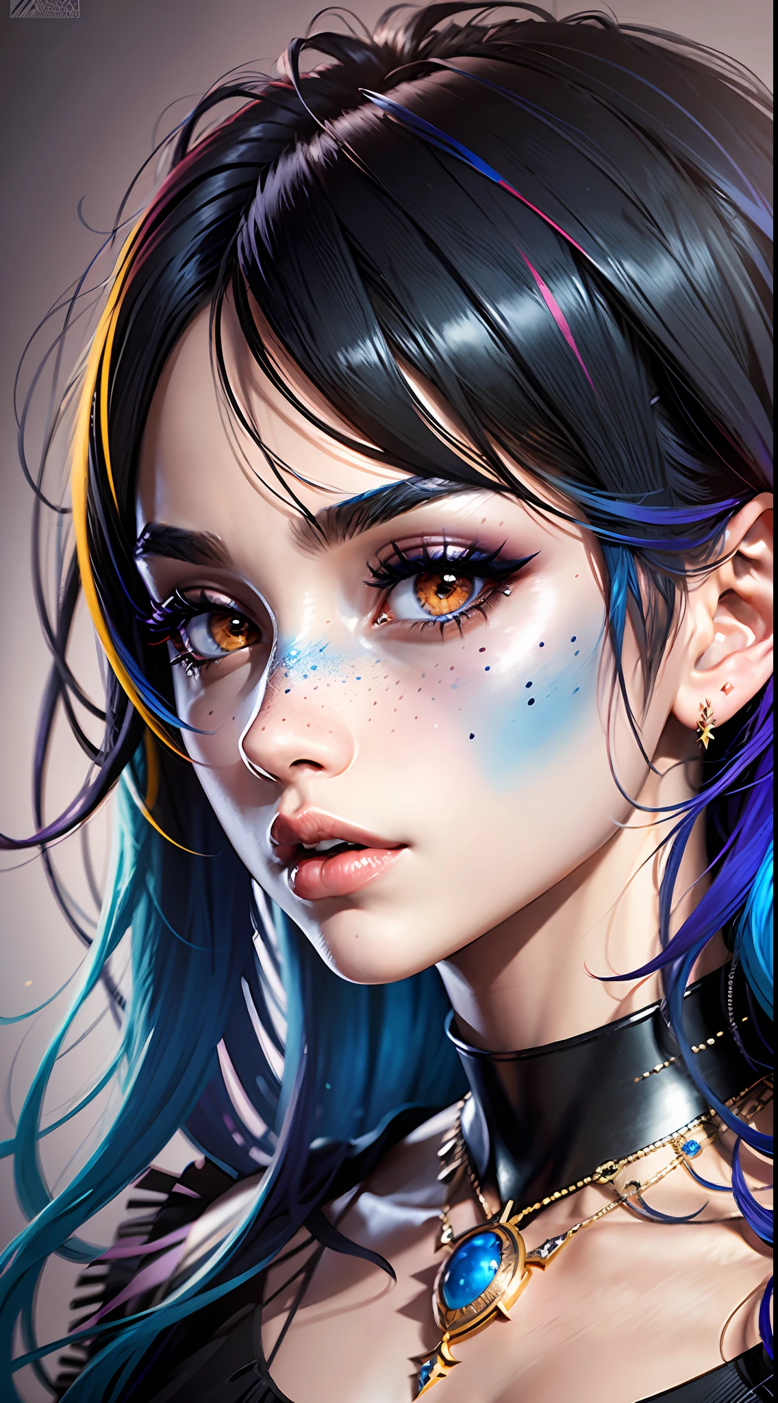 masterpiece, best quality,3d rending work ,3DMM style,close-up,portrait, 3D,1girl, solo, multicolored hair, blue hair, black hair, necklace, freckles, jewelry, two-tone hair, looking to the side, realistic, upper body, simple background, bangs, looking away, short hair, parted lips, black eyes, lips, gothic, choker, makeup, mole, black shirt, shirt, watermark