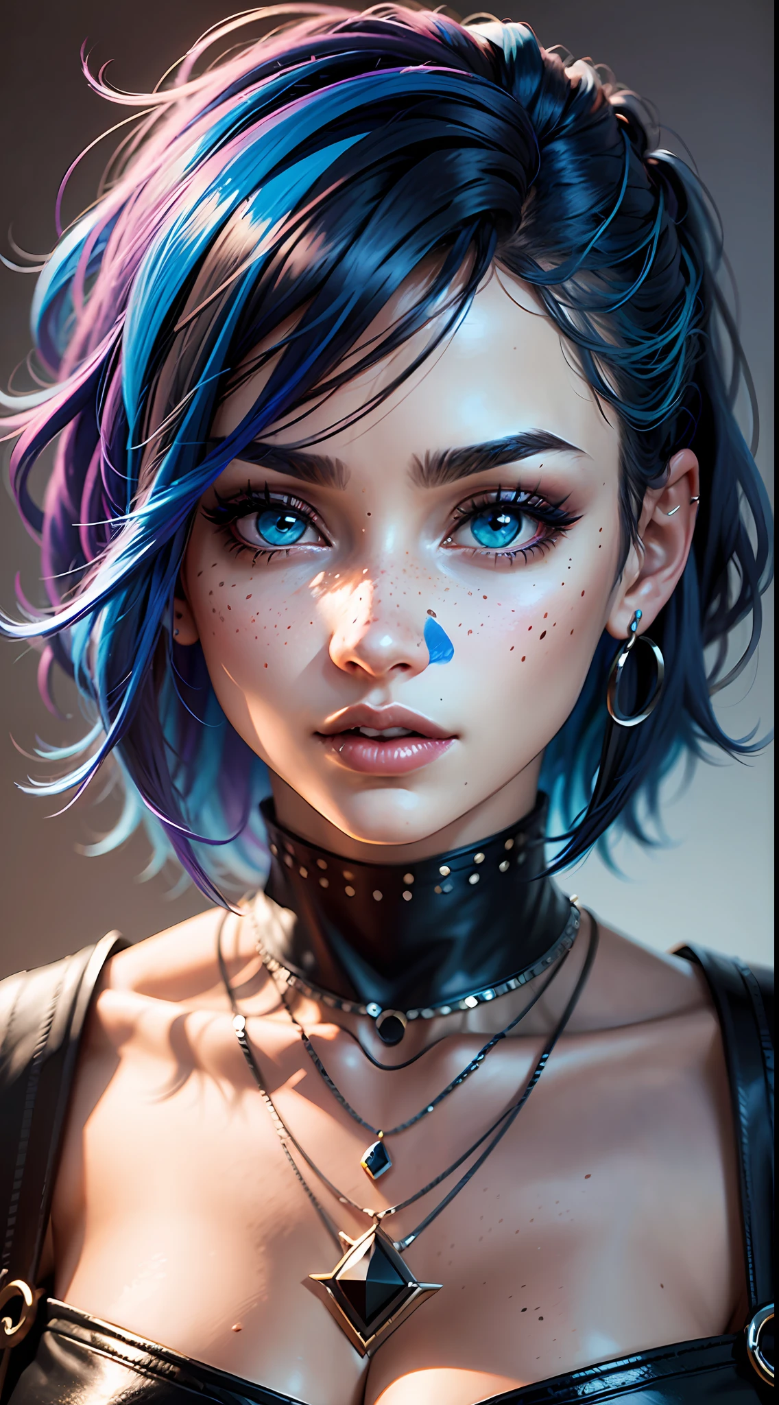 masterpiece, best quality,3d rending work ,3DMM style,close-up,portrait, 3D,1girl, solo, multicolored hair, blue hair, black hair, necklace, freckles, jewelry, two-tone hair, looking to the side, realistic, upper body, simple background, bangs, looking away, short hair, parted lips, black eyes, lips, gothic, choker, makeup, mole, black shirt, shirt, watermark