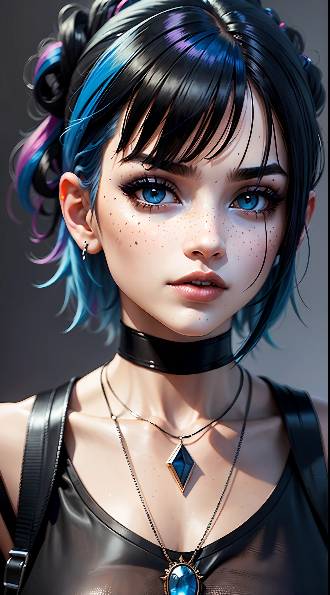 masterpiece, best quality,3d rending work ,3DMM style,close-up,portrait, 3D,1girl, solo, multicolored hair, blue hair, black hair, necklace, freckles, jewelry, two-tone hair, looking to the side, realistic, upper body, simple background, bangs, looking away, short hair, parted lips, black eyes, lips, gothic, choker, makeup, mole, black shirt, shirt, watermark